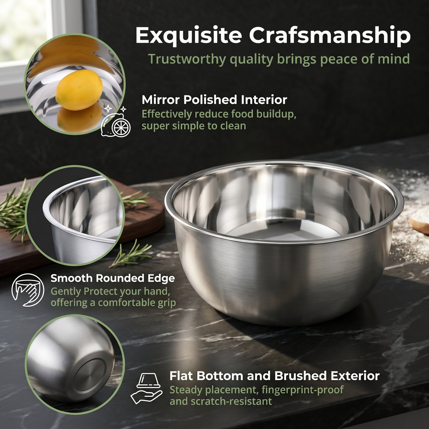Vesteel Stainless Steel Mixing Bowls, 5 Piece Metal Nesting Bowls with Airtight Lids, Stackable Salad Bowls for Baking, Prepping & Serving, Dishwasher Safe, 5/3/1.7/1.2/0.8 QT, Black
