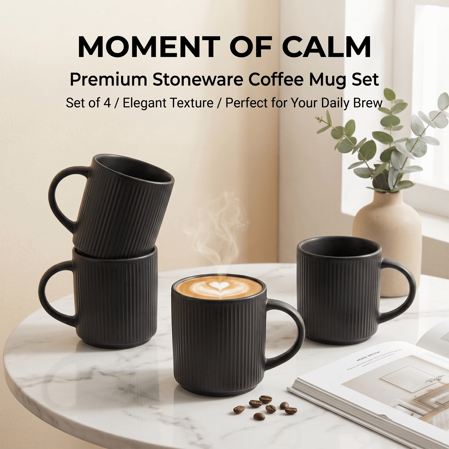 Onader 4-Pieces Coffee Mugs Set, Water Cups with Large Handle, 12 oz Ceramic Mugs Suitable for Tea Milk Latte, Stain-Resistant & Microwave Safe, Matte Black