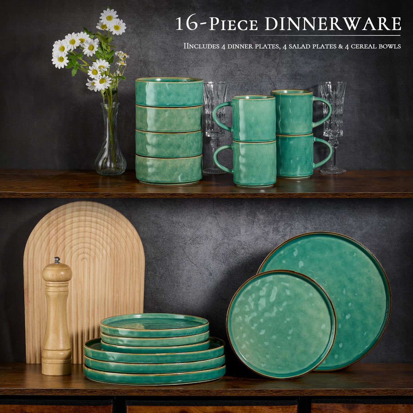 Vesteel 16-Piece Dinnerware Sets, Stoneware Dish and Bowls Set for 4, Handmade Reactive Glaze Coupe Plates Set, Chip & Scratch Resistant - Jade Green