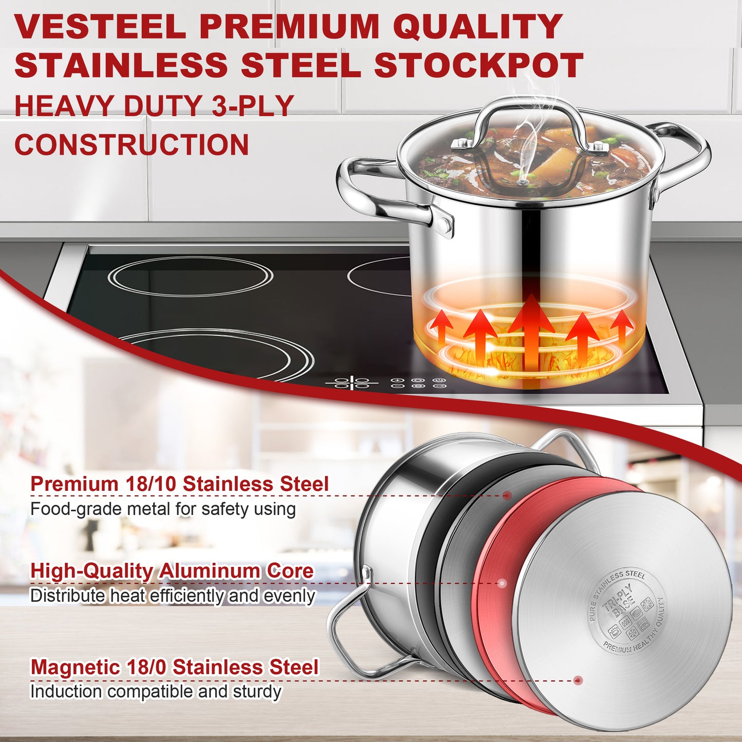 Vesteel 10 QT Stock Pot with Lid, 3 Tri-ply Stainless Steel Cooking Pot for Induction Gas Electric Stove, Big Stockpot for Cooking Soup Spaghetti, Dishwasher Safe