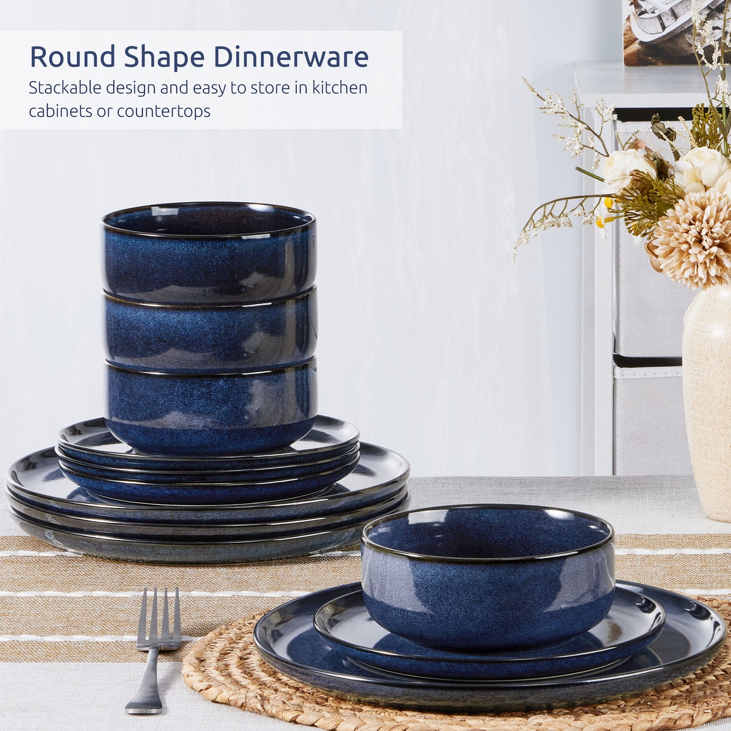 Onader 12 Piece Stoneware Dinnerware Sets, Plates and Bowls Dish Set for 4, Speckled Kitchen Dining Plates and Bowls, Dishwasher & Microwave Safe - Starry Sky Blue
