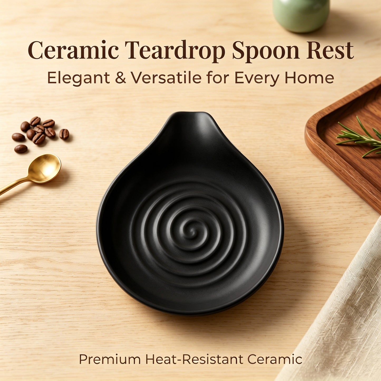 Vesteel Ceramic Spoon Rest, 5.1 inch Kitchen Teardrop Spoon Holder for Countertop, Utensil Rest for Spatula Ladle Tongs, Stove Top Spoon Tray, Heat-Resistant & Dishwasher Safe, Matte Black