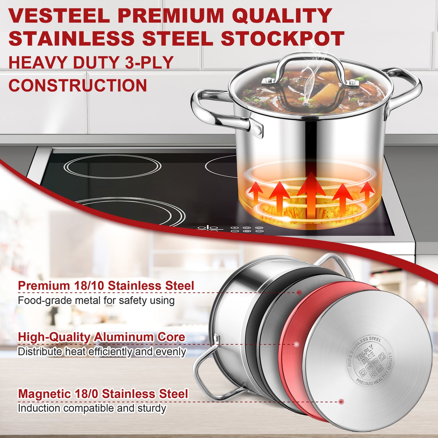 Vesteel 12 QT Stock Pot with Lid, Stainless Steel Large Cookware for Stewing Simmering, Tri-ply Bottom for Induction Gas Electric Stove, Heavy Duty & Food Grade