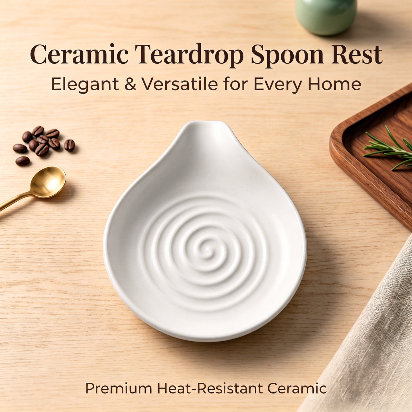Vesteel Ceramic Spoon Rest, 5.1 inch Kitchen Teardrop Spoon Holder for Countertop, Utensil Rest for Spatula Ladle Tongs, Stove Top Spoon Tray, Heat-Resistant & Dishwasher Safe, Ivory White