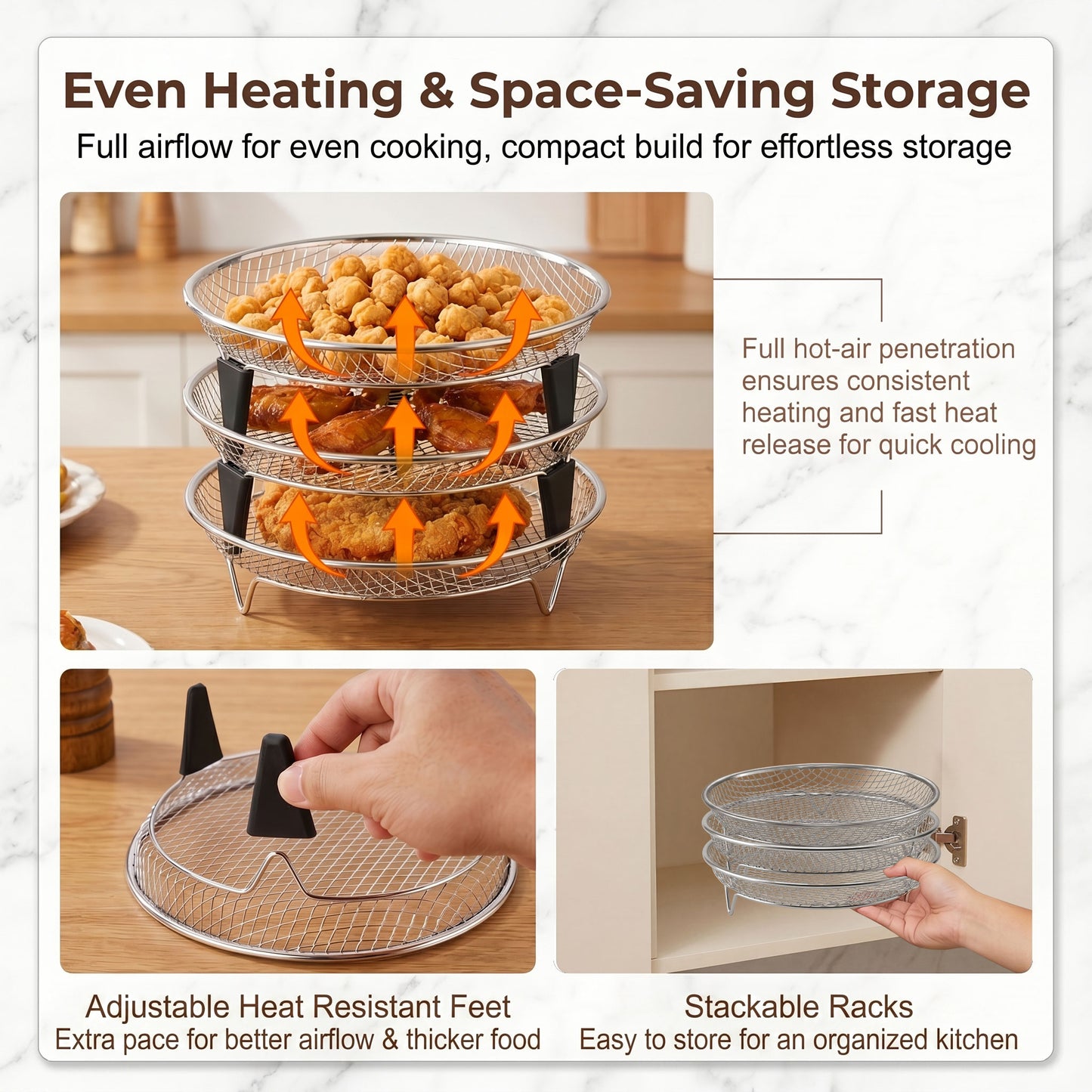 Vesteel Air Fryer Racks, 3 Tier Stainless Steel Air Fryer Basket Accessories, 7.9’’ Round Dehydrator Rack for Oven Baking Frying Roasting, Includes Silicon Feet & Anti-Scald Clamp, Dishwasher Safe