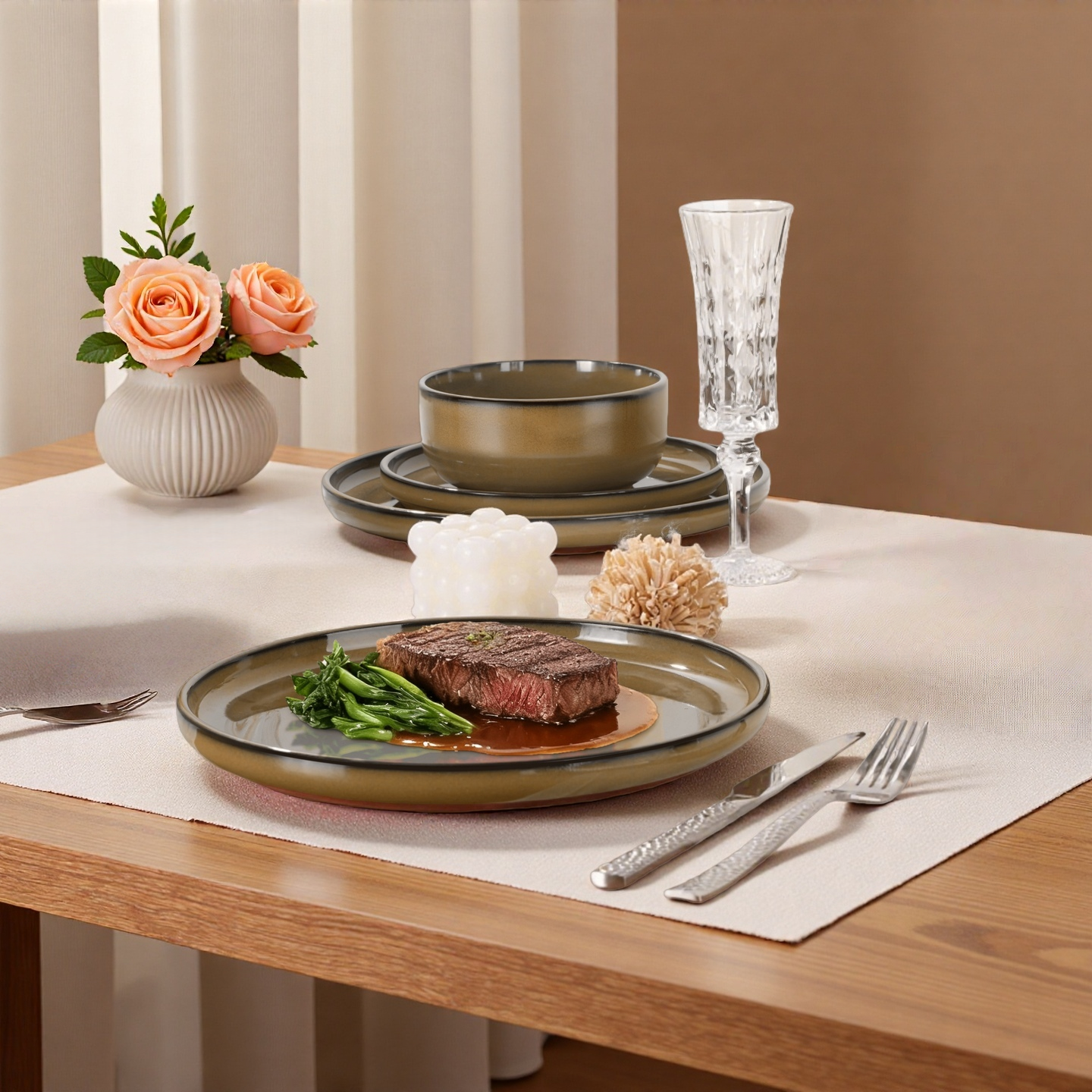 Onader Dinnerware Sets for 4, 12 Pieces Reactive Glaze Plates and Bowls Sets, Elegant Dishes with Rustic Terracotta Base - Khaki