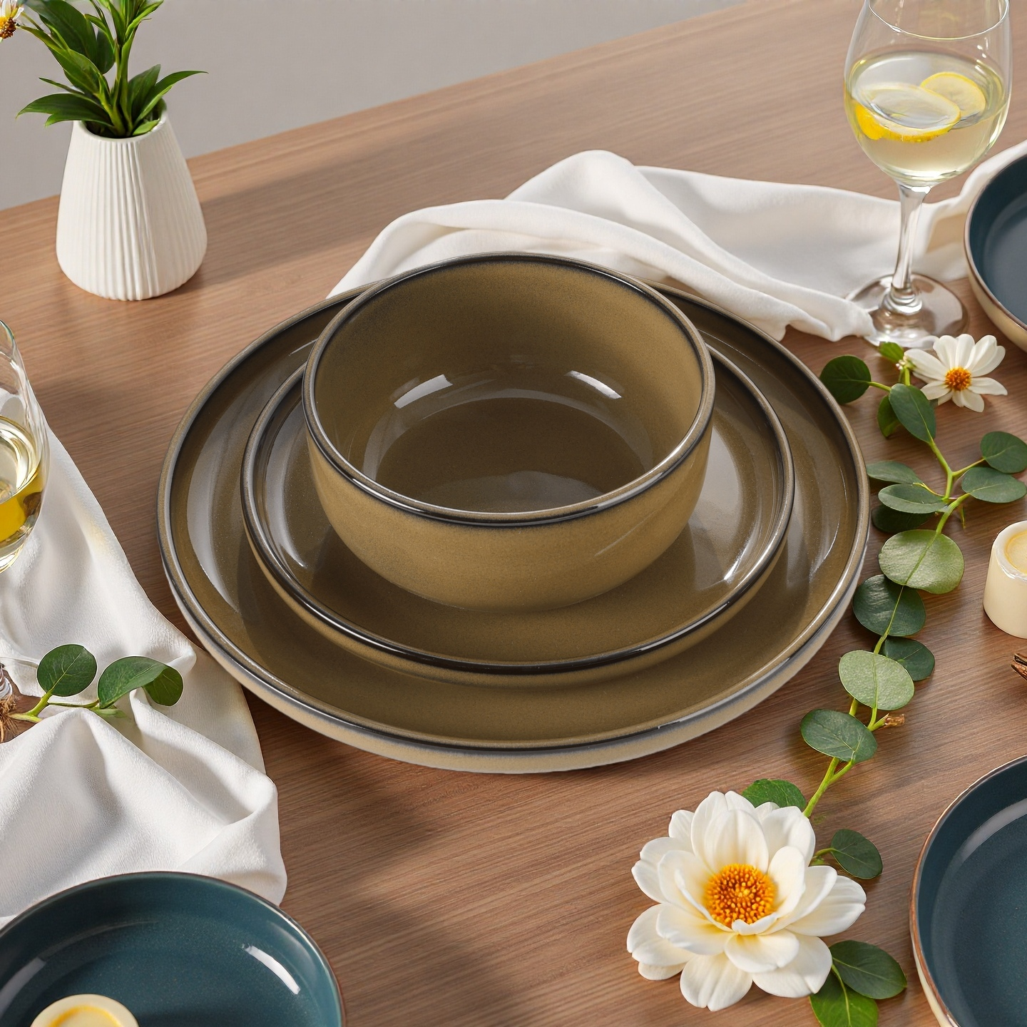Onader Dinnerware Sets for 4, 12 Pieces Reactive Glaze Plates and Bowls Sets, Elegant Dishes with Rustic Terracotta Base - Khaki