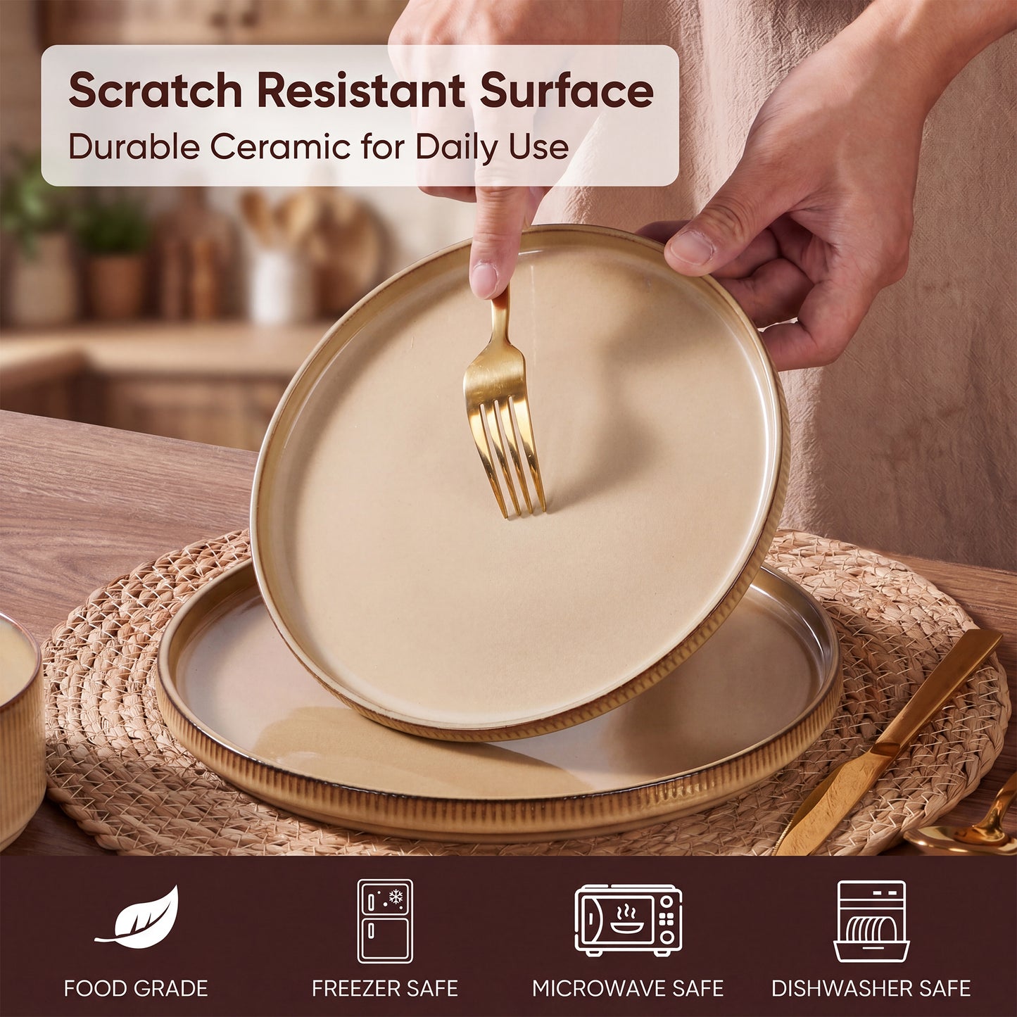 Onader 8-Piece Stoneware Dinnerware Set, Vertical Striped Reactive Glaze Plates and Bowls Sets for the Kitchen, Microwave & Dishwasher Safe, Khaki