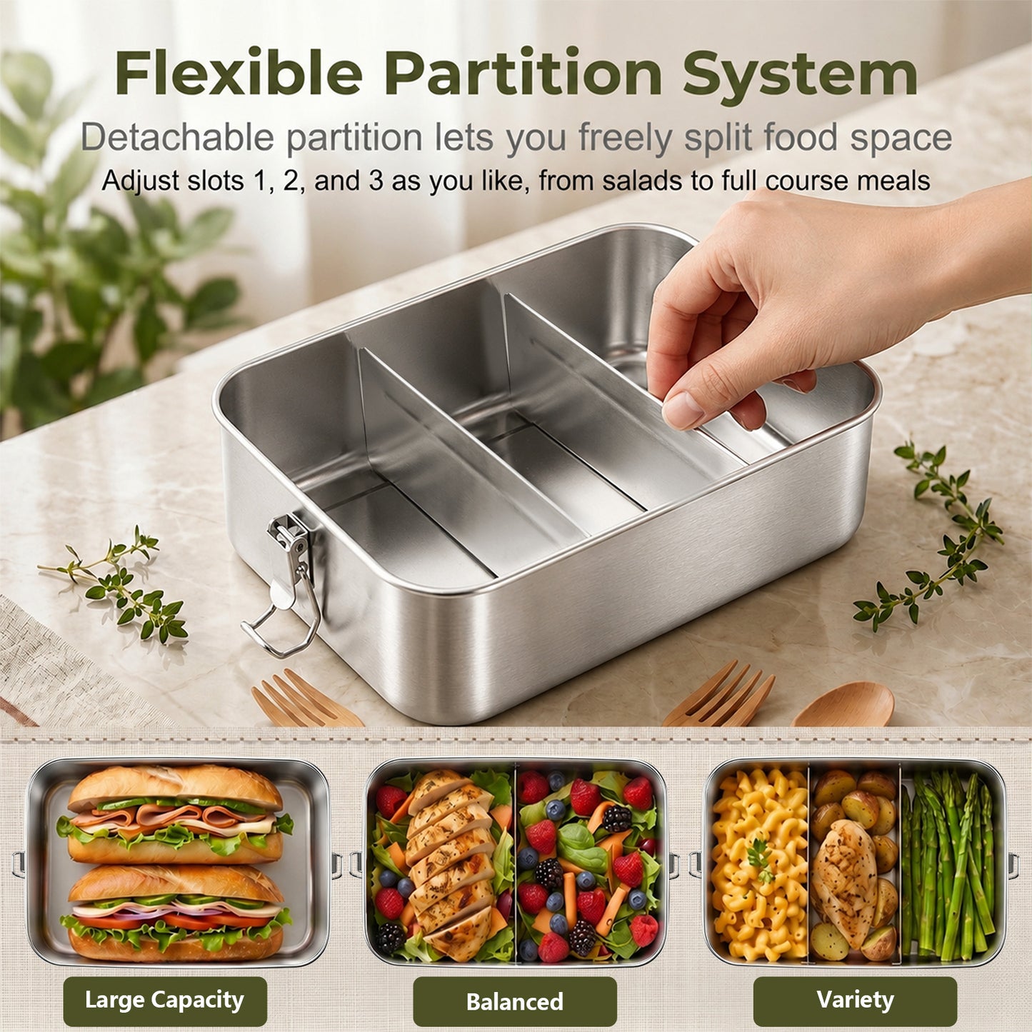 Vesteel Stainless Steel Bento Box, 2400ml 81oz Lunch Box with 2 Dividers, Leak-Proof Lunch Container with Bag, 3 Compartments Food Containers for School Office, Dishwasher Safe