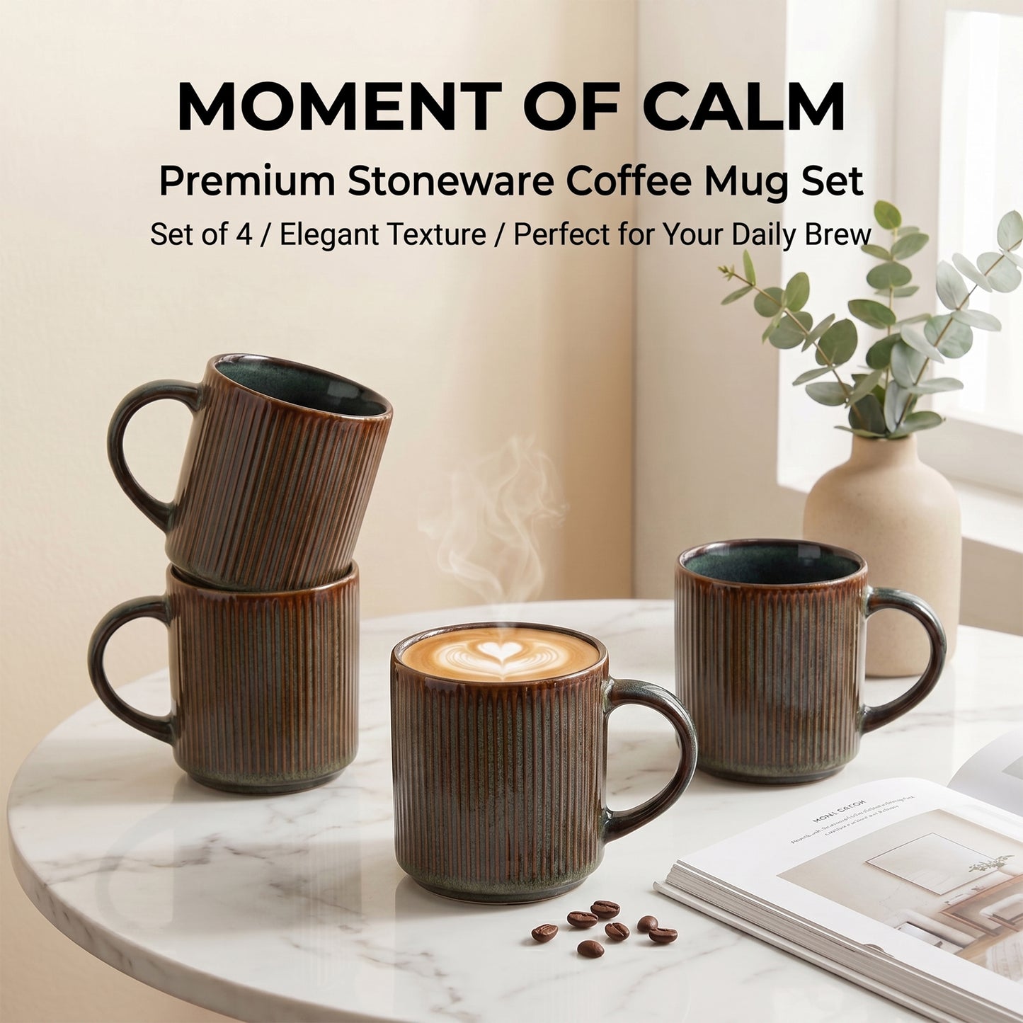 Onader 4-Pieces Coffee Mugs Set, Water Cups with Large Handle, 12 oz Ceramic Mugs Suitable for Tea Milk Latte, Stain-Resistant & Microwave Safe, Blackish Green