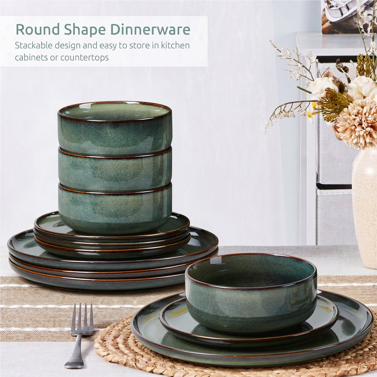 Onader 12 Piece Dinnerware Sets, Plates and Bowls Set for 4, Handmade Stoneware Dishes Sets for Home Restaurant, Dishwasher & Microwave Safe - Blackish Green