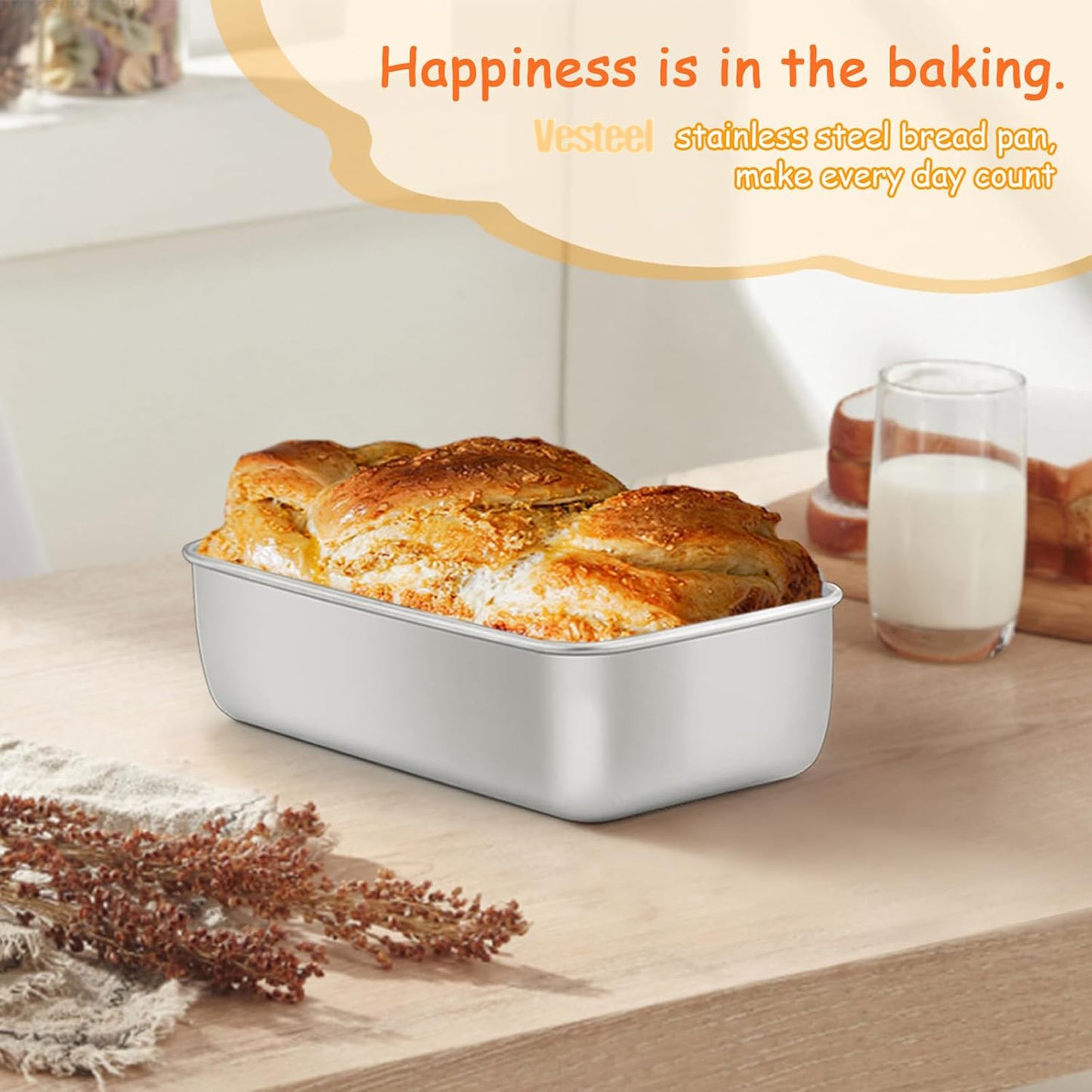 Loaf Pan Set of 2, VeSteel 9x5 Inch Bread Pans, Stainless Steel Loaf Toast Baking Pans For Bread Meatloaf Lasagna Cake, Healthy & Non Toxic,Deep Side & Smooth Roll, Oven & Dishwasher Safe
