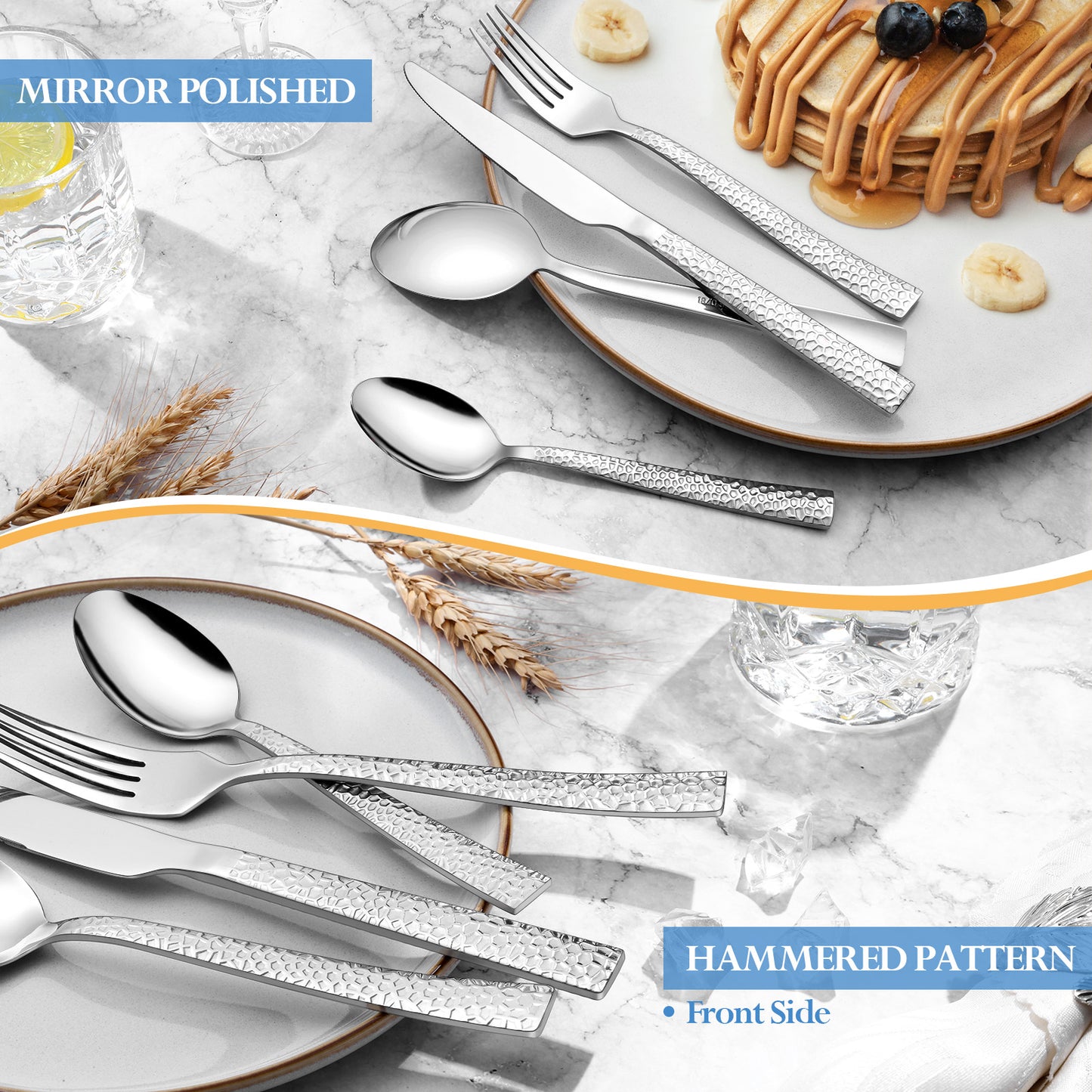 Vesteel 20-Piece Hammered Silverware Set with 5 Serving Utensils, Stainless Steel Square Flatware Tableware Cutlery Set Service for 4, Heavy Duty & Dishwasher Safe