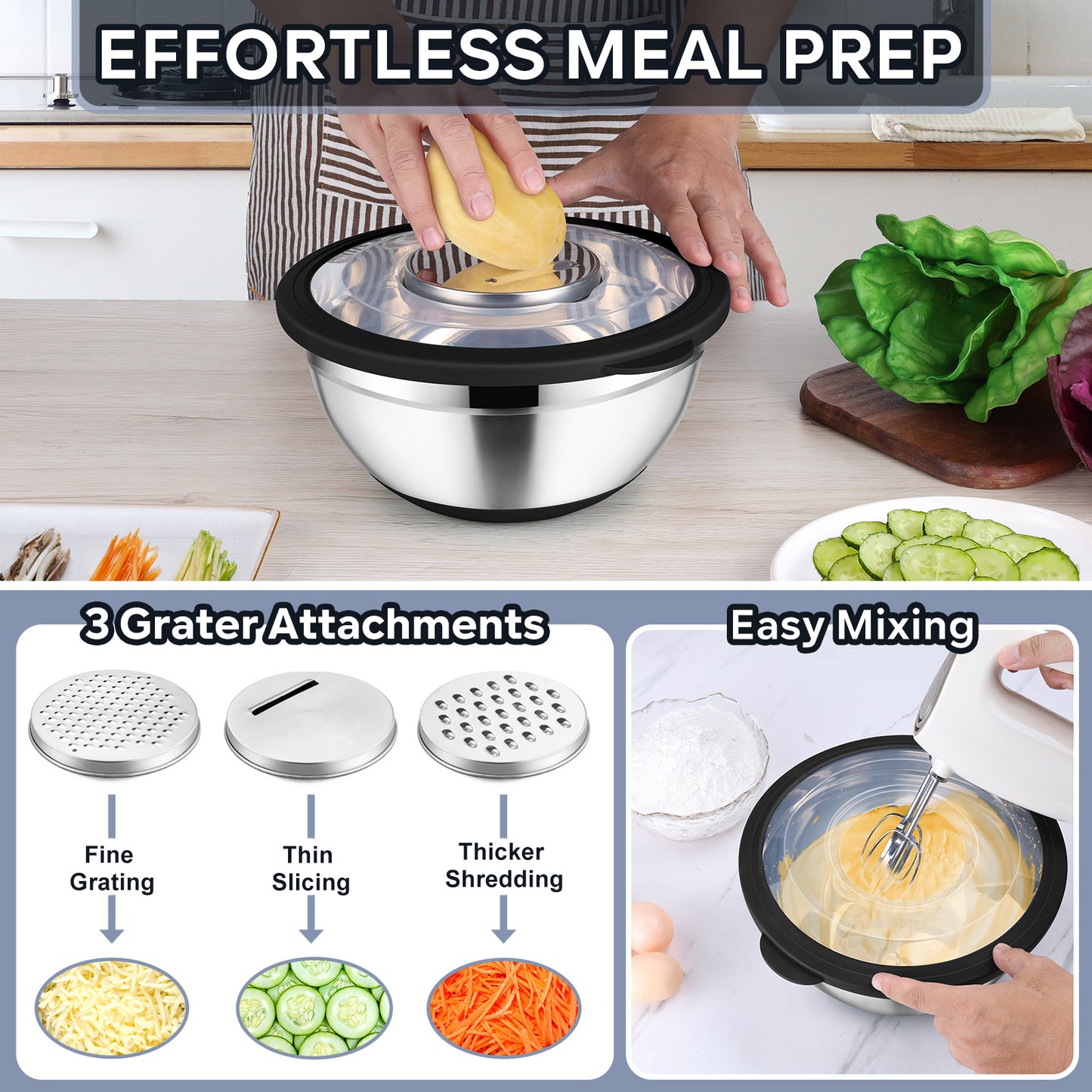 Vesteel Mixing Bowls with Lids Set of 7, Stainless Steel Nesting Bowls with Colander and 3 Graters for Draining Prepping Slicing, Nonslip Bottoms & Airtight Lid, Size 4.6, 2.6, 1.5 Qt, Black