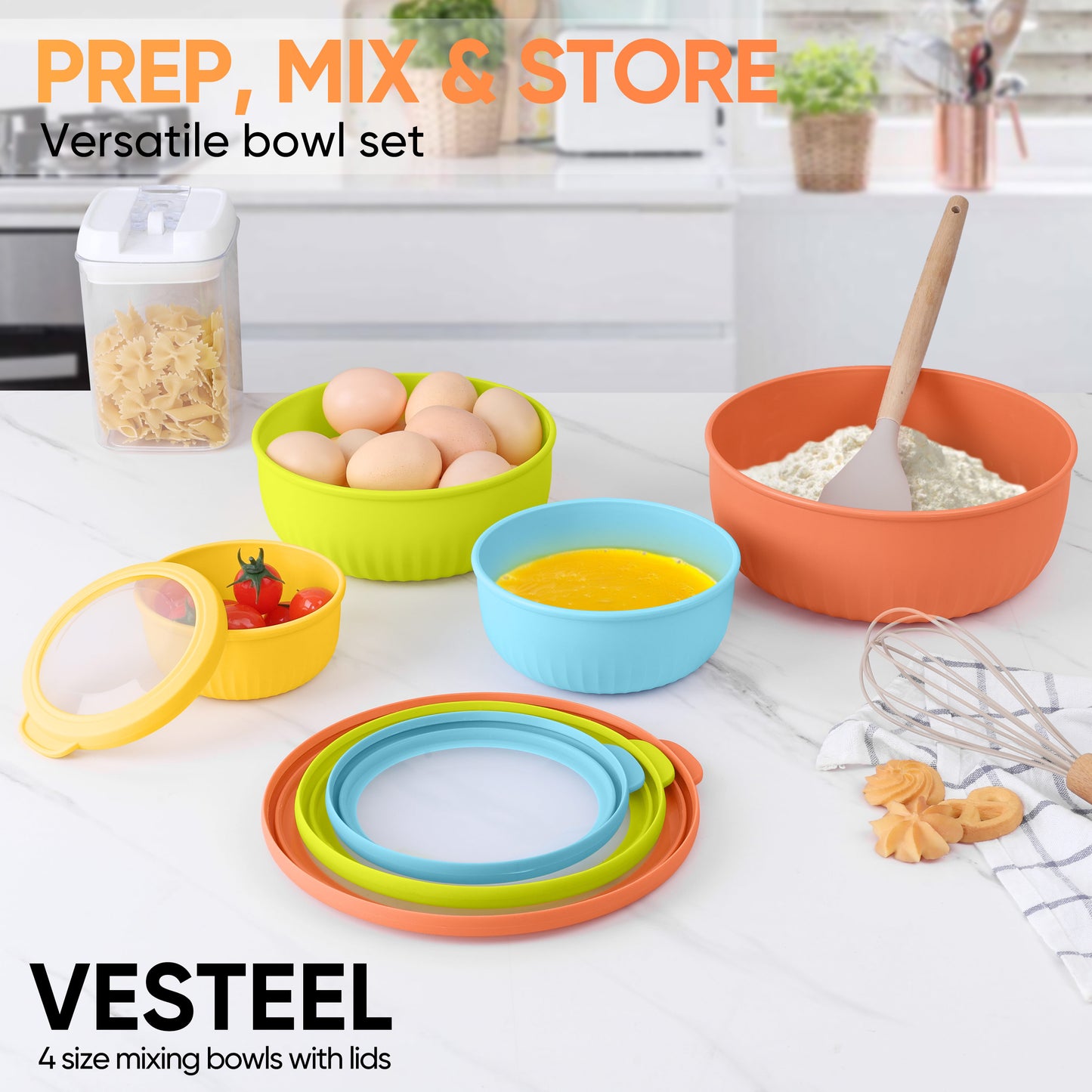 Vesteel 8Pcs Mixing Bowl Set with Lids, Nesting Plastic Bowls for for Mixing Serving Preparing Storage, Kitchen Prep Bowls, Dishwasher Safe, Multi-Color