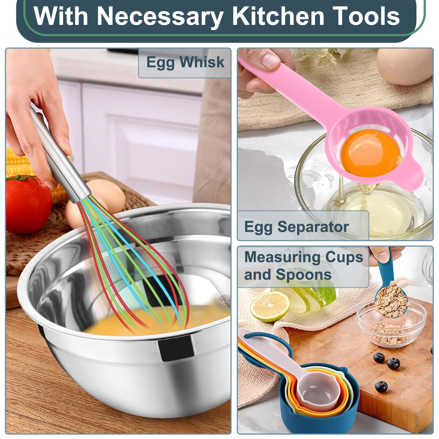 Vesteel 35PCS Mixing Bowls with Lids Set, Stainless Steel Nesting Salad Prep Bowls Attach with 3 Graters & Kitchen Utensils for Mixing Serving Grating, Size 4.5/3.5/3/2.5/1.5/1.2/0.7 QT, Khaki