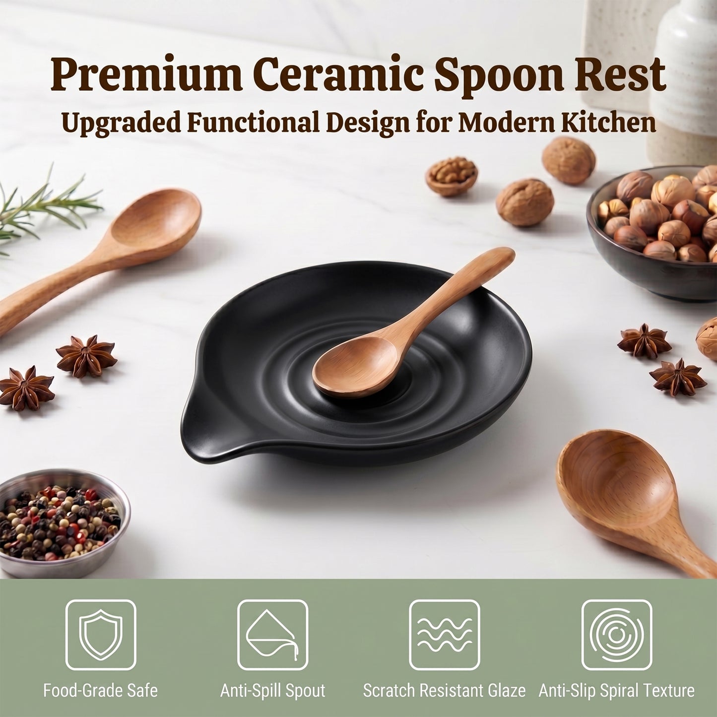 Onader 2-Piece Spoon Rest, 5" Ceramic Spoon Holder for Kitchen Utensils Soup Ladle Slotted Turner Spatula, Cooking Utensil Rest for Kitchen Countertop, Matte Black