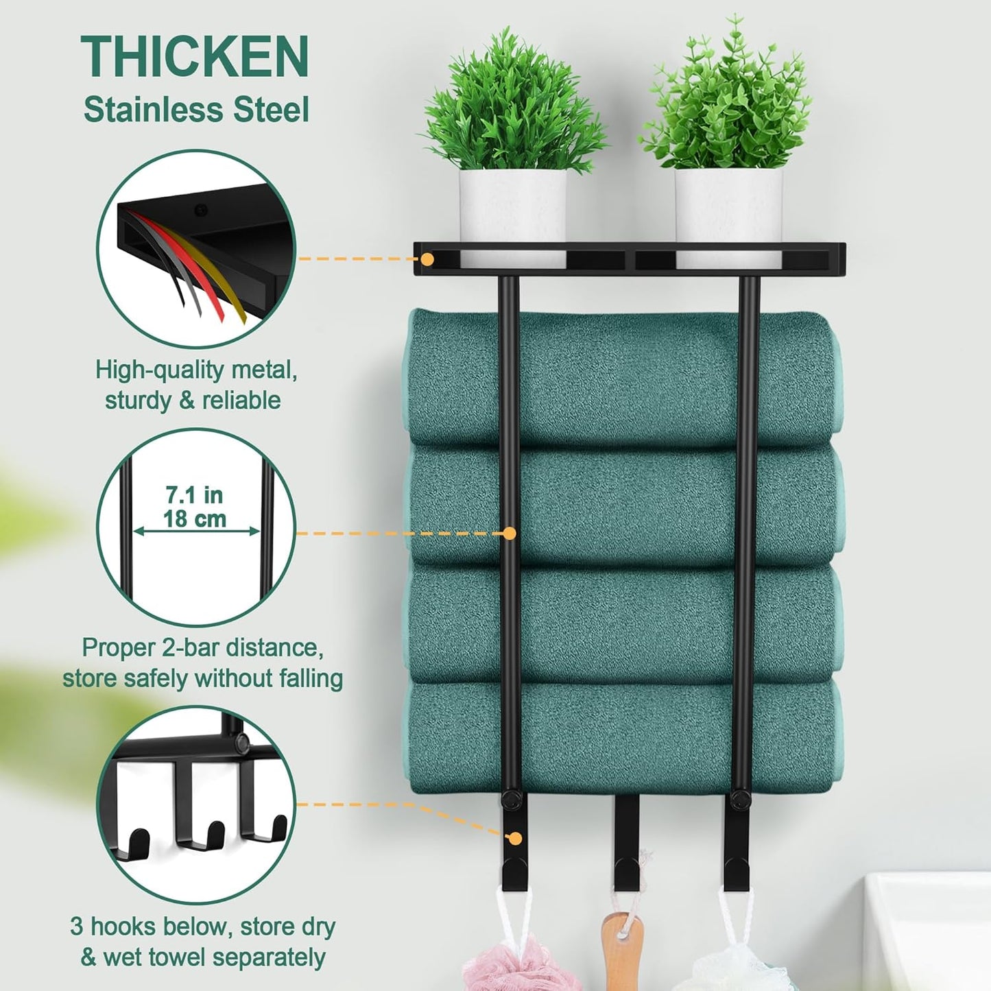 Towel Racks for Bathroom, Vesteel Wall Mounted Towel Rack with Metal Shelf and 3 Hooks, 15 Inch Rolled Towel Holder Bath Storage Organizer, Vertical Rack for Small Space Bathroom Wall Decor, Black