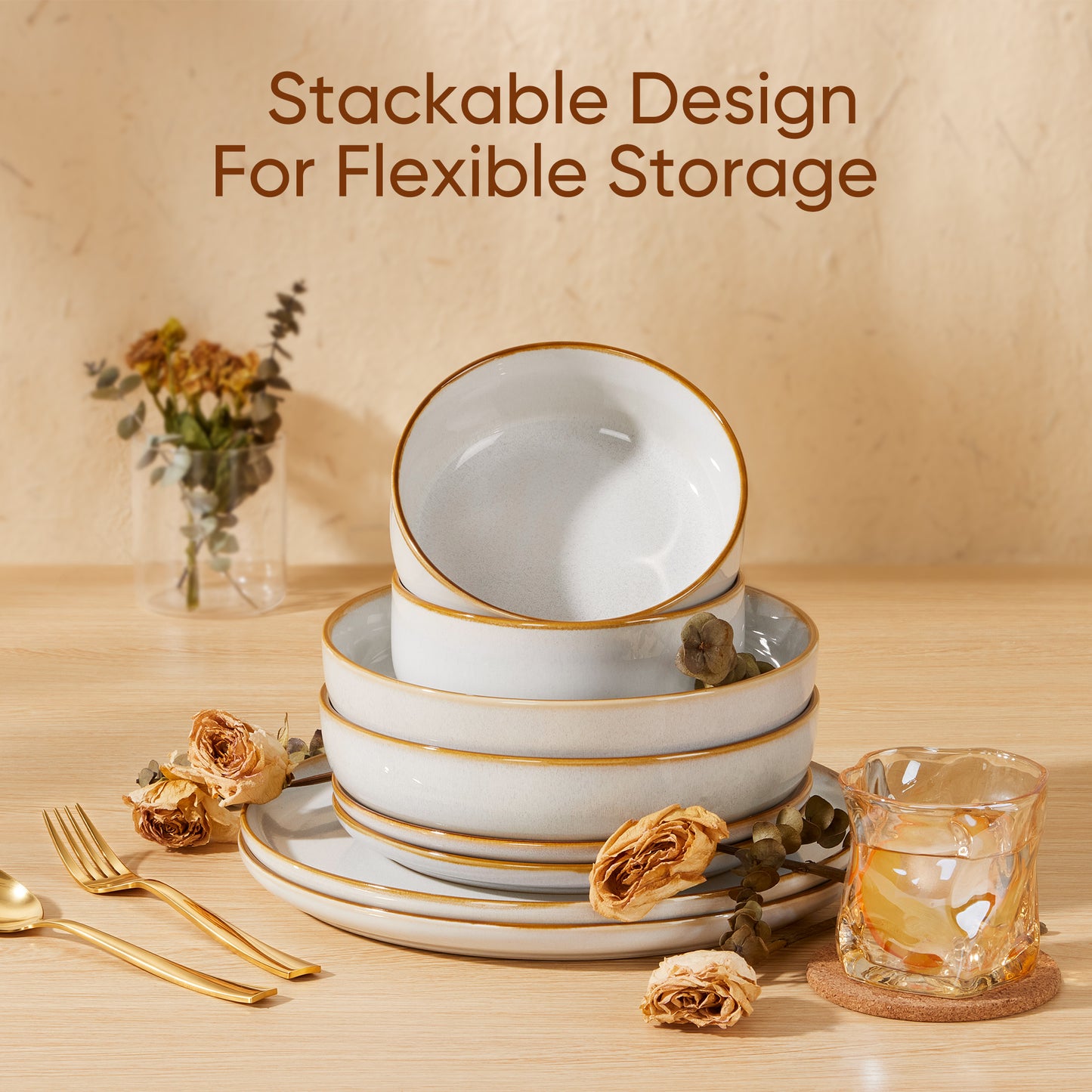 Onader 8-Piece Dinnerware Set, Ceramic Plate and Bowls Set for 2, Double Reactive Glaze Stoneware Dishware for Kitchen Restaurant, Microwave & Dishwasher Safe - Seashell White