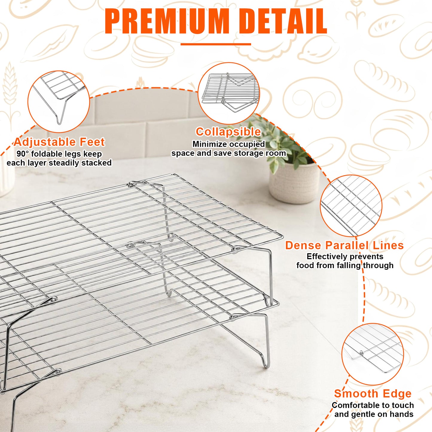 Vesteel 2-Tier Stainless Steel Cooling Racks, Stackable Baking Cooking Racks for Bread Cookie Cakes, Wire Racks with Folding Legs, Oven & Dishwasher Safe, 16.5’’ x 11.4’’