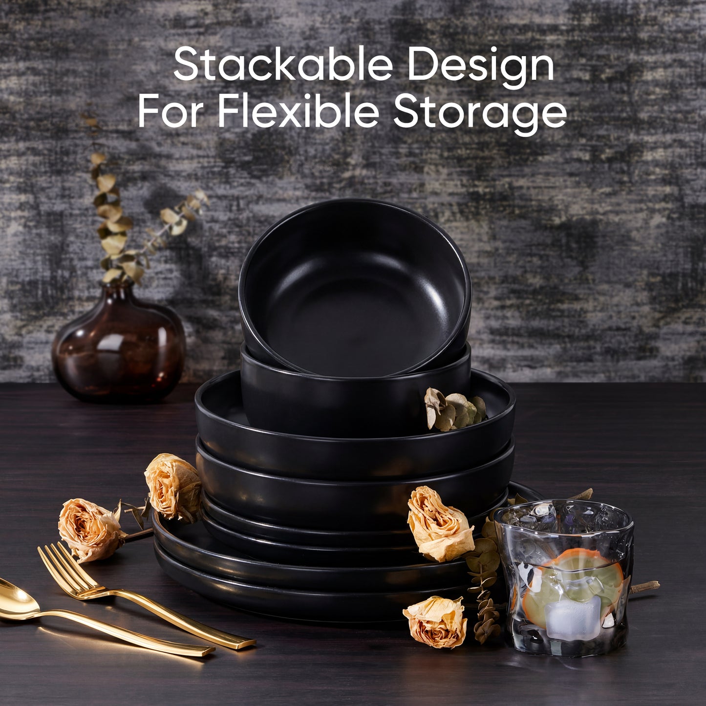Onader 8-Piece Dinnerware Set, Ceramic Plate and Bowls Set for 2, Scratch Resistant Tableware Dishes Set for Kitchen Restaurant, Microwave & Dishwasher Safe - Matte Black