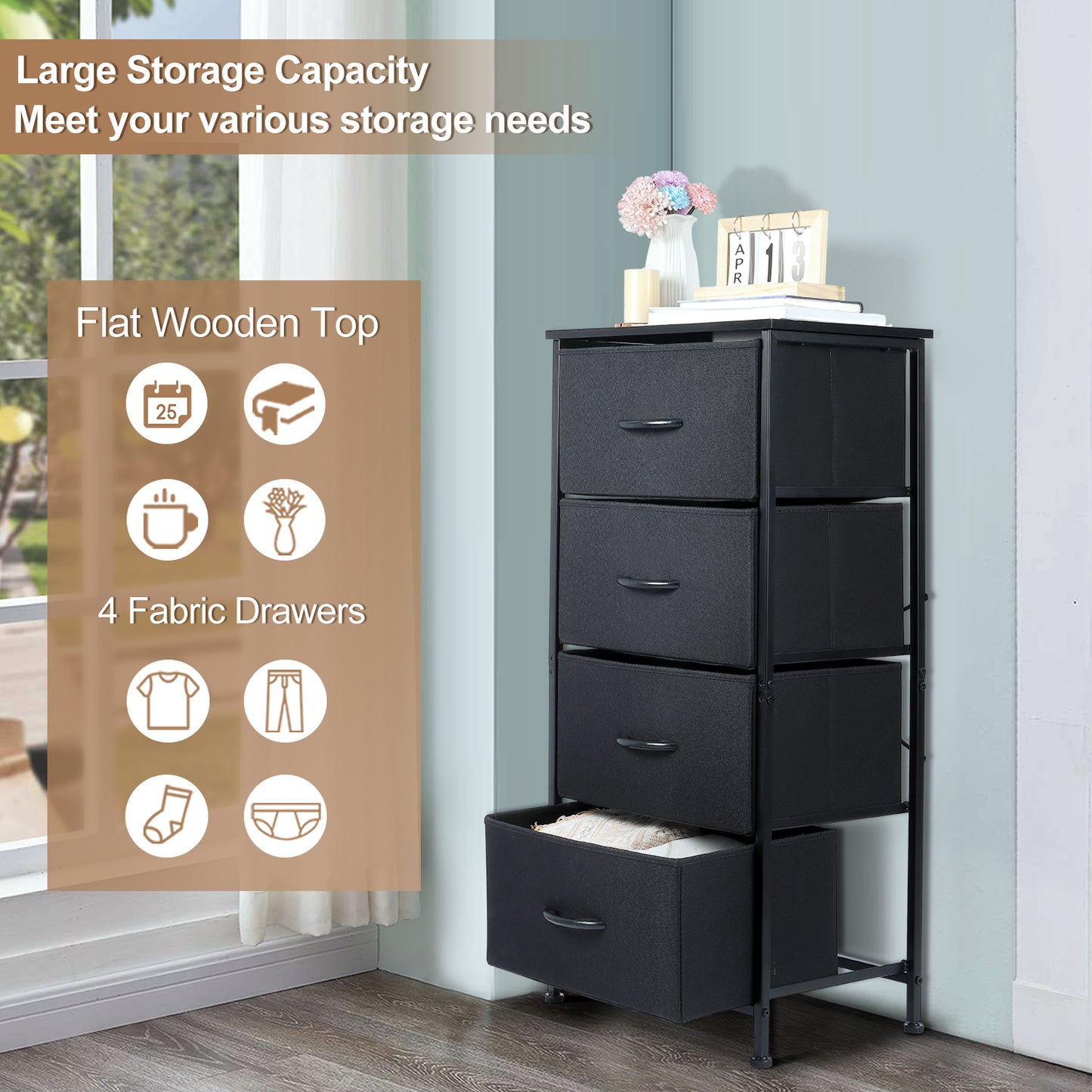 Vesteel Dresser for Bedroom with 4 Drawers, Storage Tower Organizer with Fabric Bins and Wooden Tabletop, Clothes Closet with Sturdy Steel Frame for Living Room, Entryway, Nursery - Black
