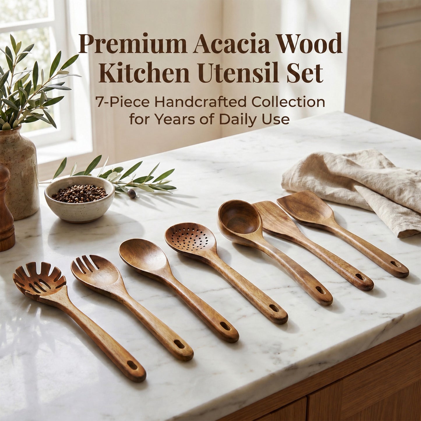 Vesteel 7-Piece Kitchen Utensil Set, Wooden Spoons for Cooking, Natural Acacia Wood Cooking Spoons and Spatulas, Heat-Resistant Cooking Utensils Safe for Nonstick Cookware & Easy to Clean