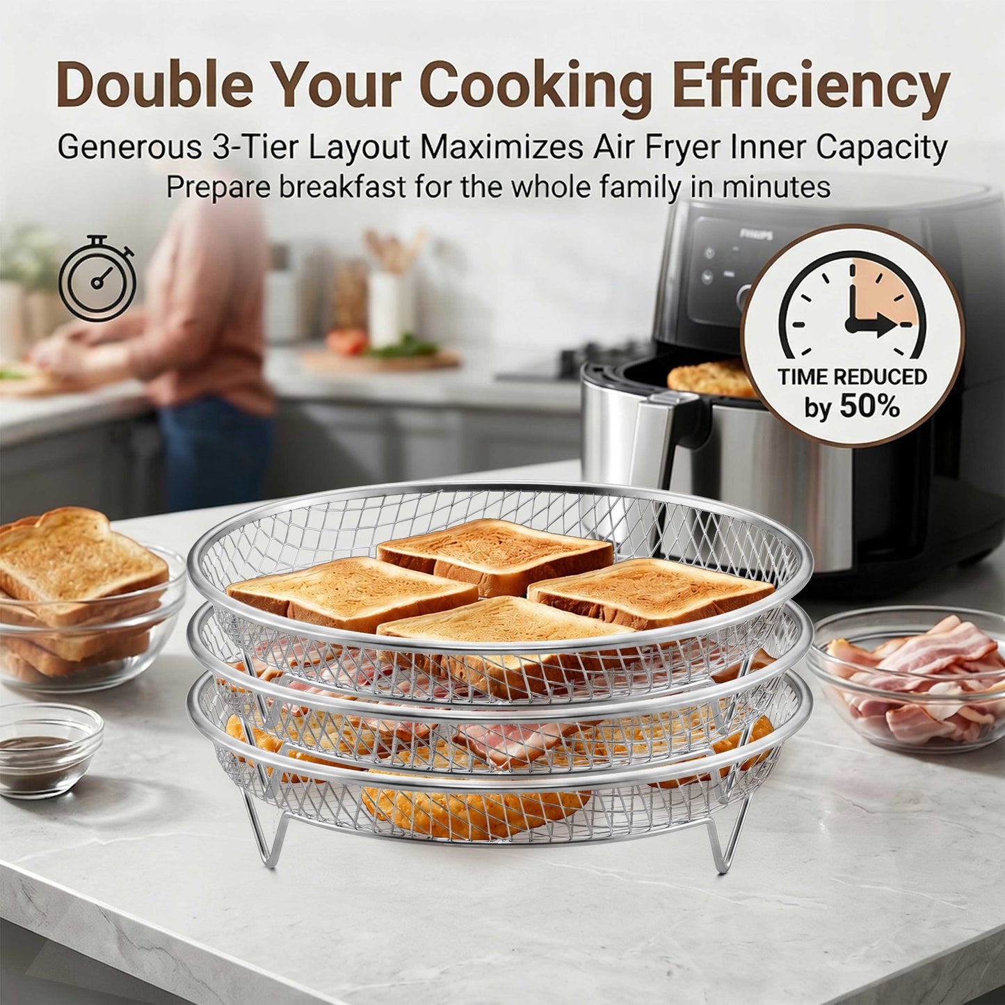 Vesteel Round Air Fryer Racks, 3 Tier Stackable Air Fryer Basket Accessories, 7.9” Dehydrator Rack for Air Fryer Steamer Oven, Roasting Rack Set Fits 6 -10 QT Air Fryer, Dishwasher Safe