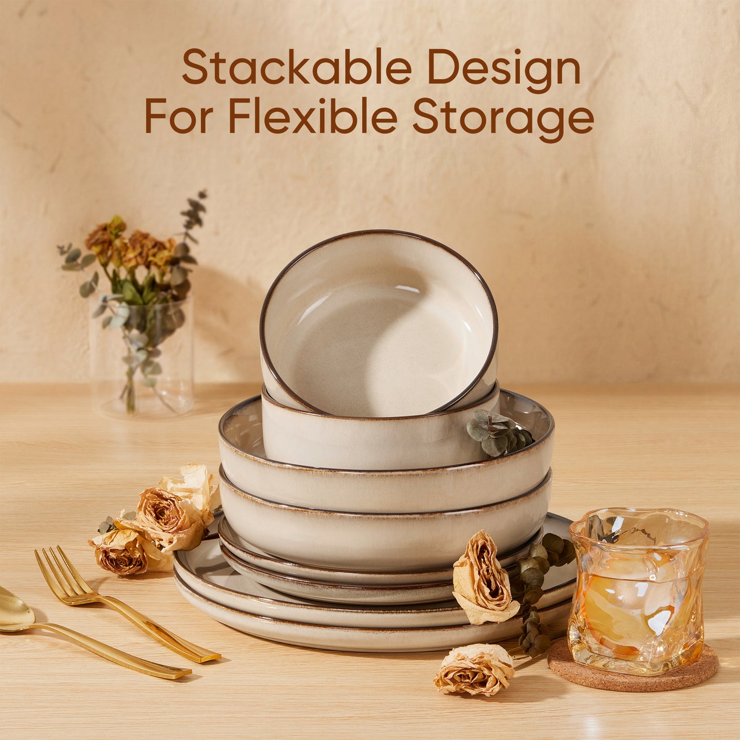 Onader 8-Piece Dinnerware Set, Ceramic Plate and Bowls Set for 2, Double Reactive Glaze Stoneware Dishware for Kitchen Restaurant, Microwave & Dishwasher Safe - Khaki