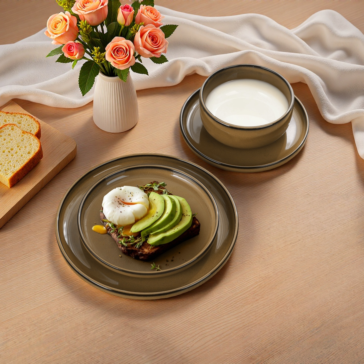 Onader Dinnerware Sets for 4, 12 Pieces Reactive Glaze Plates and Bowls Sets, Elegant Dishes with Rustic Terracotta Base - Khaki