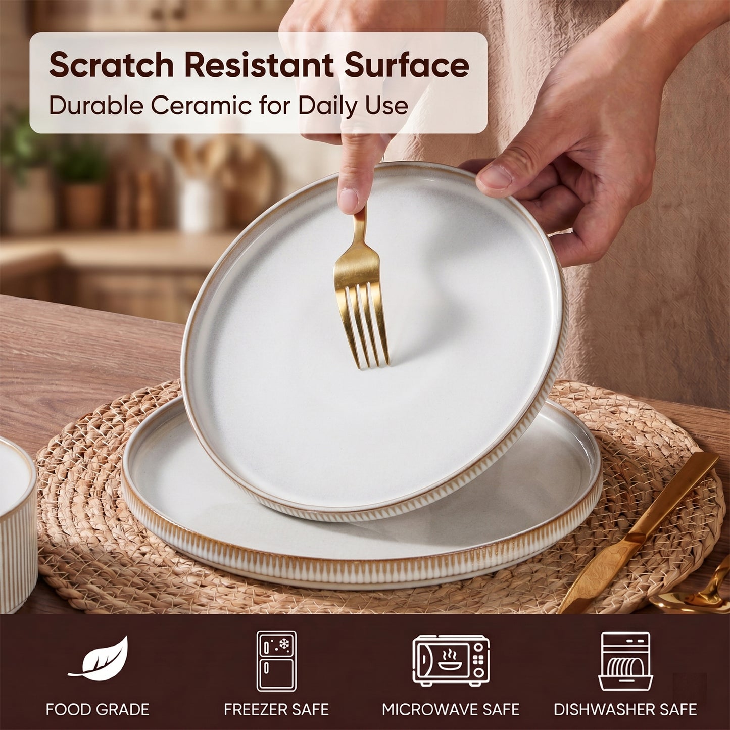 Onader 8-Piece Stoneware Dinnerware Set, Vertical Striped Reactive Glaze Plates and Bowls Sets for the Kitchen, Microwave & Dishwasher Safe, Beige