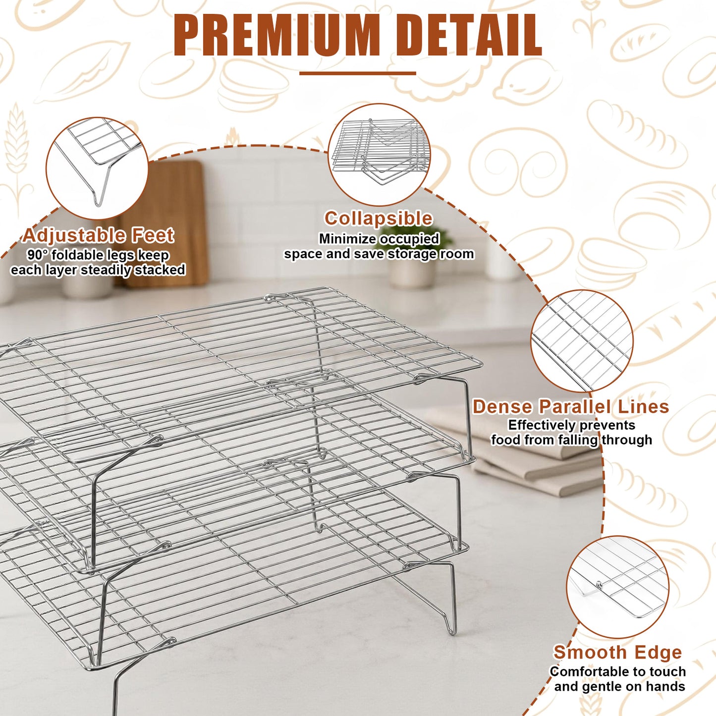 Vesteel 3-Tier Stainless Steel Cooling Racks, Stackable Baking Cooking Racks for Bread Cookie Cakes, Wire Racks with Folding Legs, Oven & Dishwasher Safe, 16.5’’ x 11.4’’