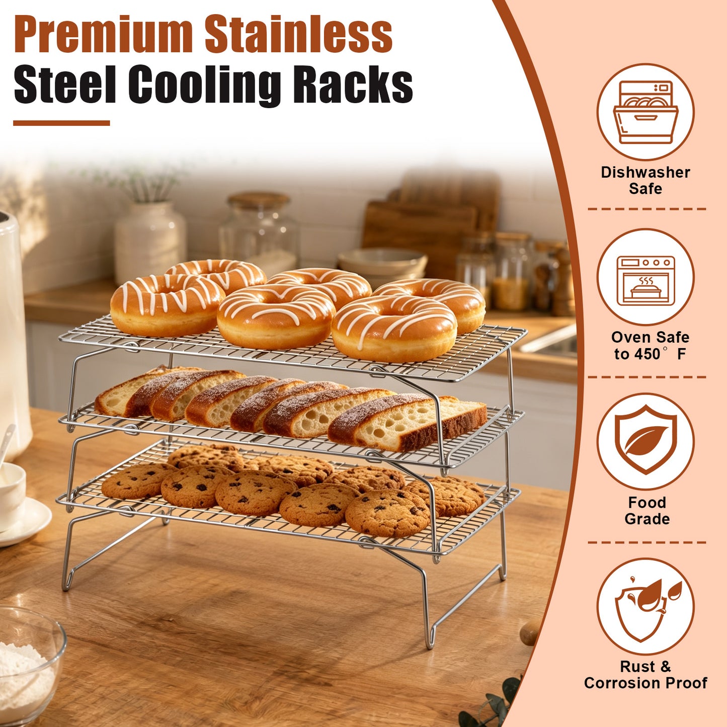 Vesteel 3-Tier Cooling Racks, Stainless Steel Stackable Grid Baking Racks, Collapsible Wire Racks for Cooking Grilling Roasting, Oven & Dishwasher Safe, 15’’ x 10’’