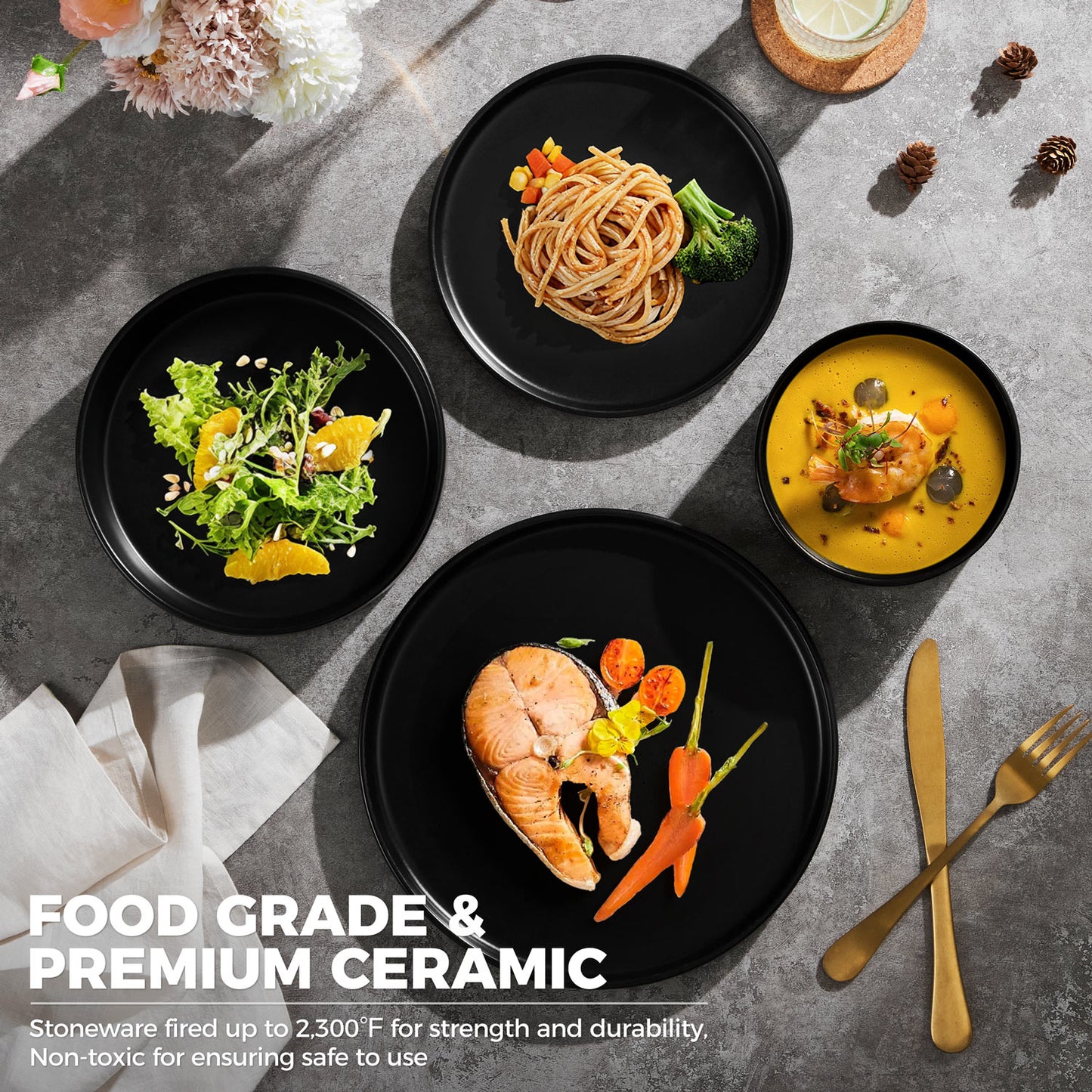 Vesteel 16 Pieces Dinnerware Sets, Premium Stoneware Dishes Set for 4, Speckled Plates and Bowls Set for Home Restaurant, Microwave and Dishwasher Safe - Matte Black