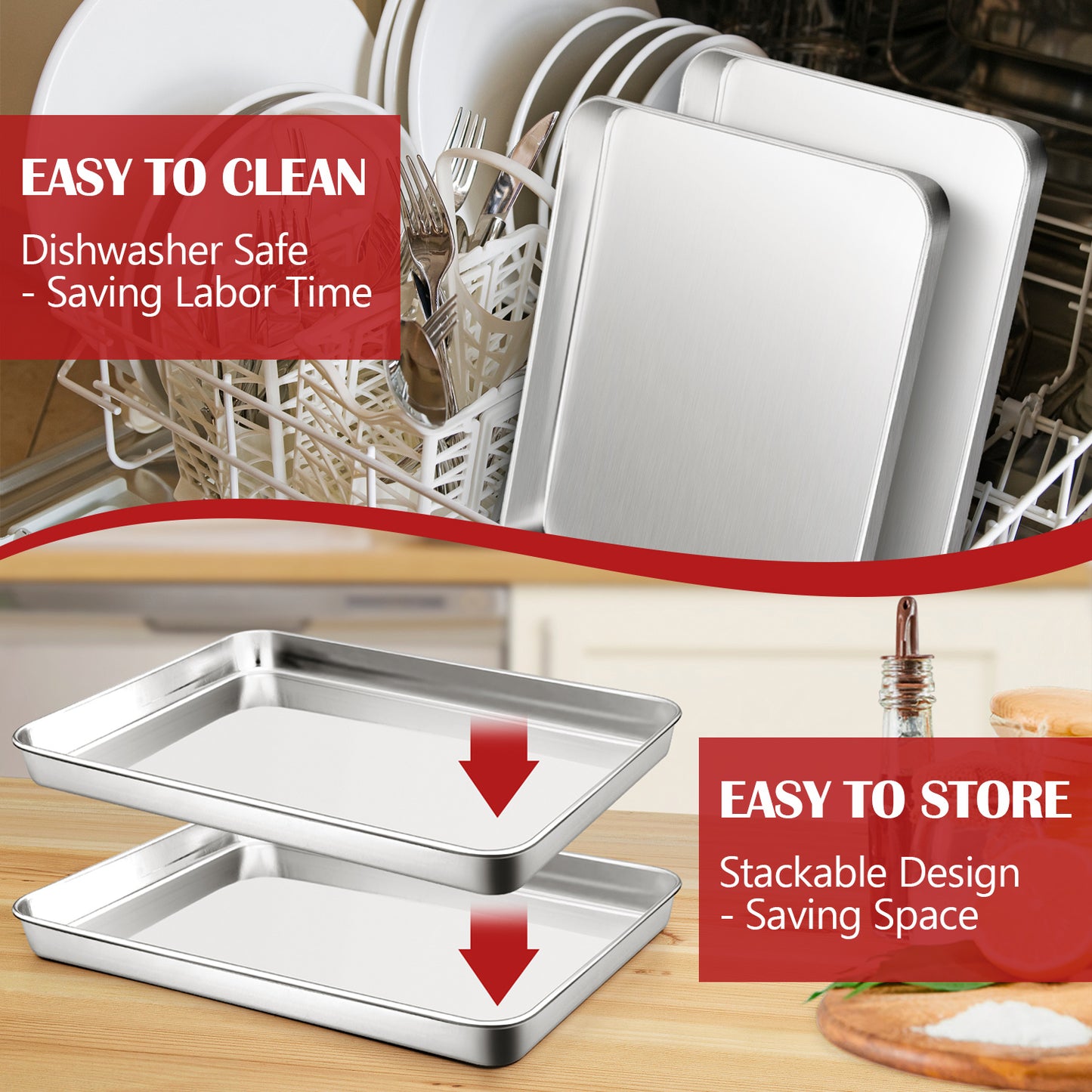 Vesteel Baking Cookie Sheet Set of 2, Stainless Steel Rectangle Baking Pan Oven Tray - 10 x 7.8 x 1 inches