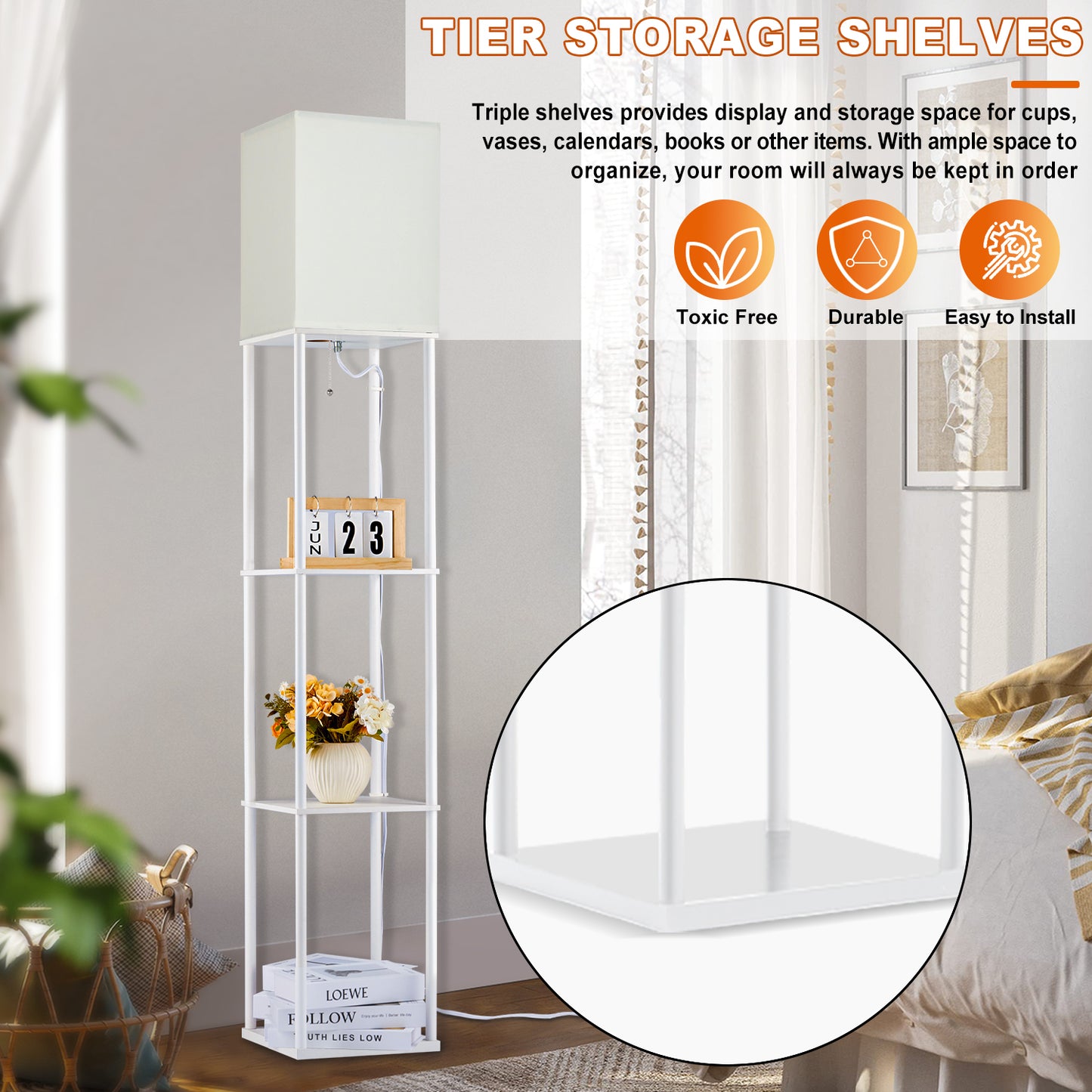 Vesteel Floor Lamp for Living Room, Standing Lamp with 3 Color Adjustable LED Bulb, Modern Square Lamp with 3-Tier Shelves for Bedroom Office Kid Room