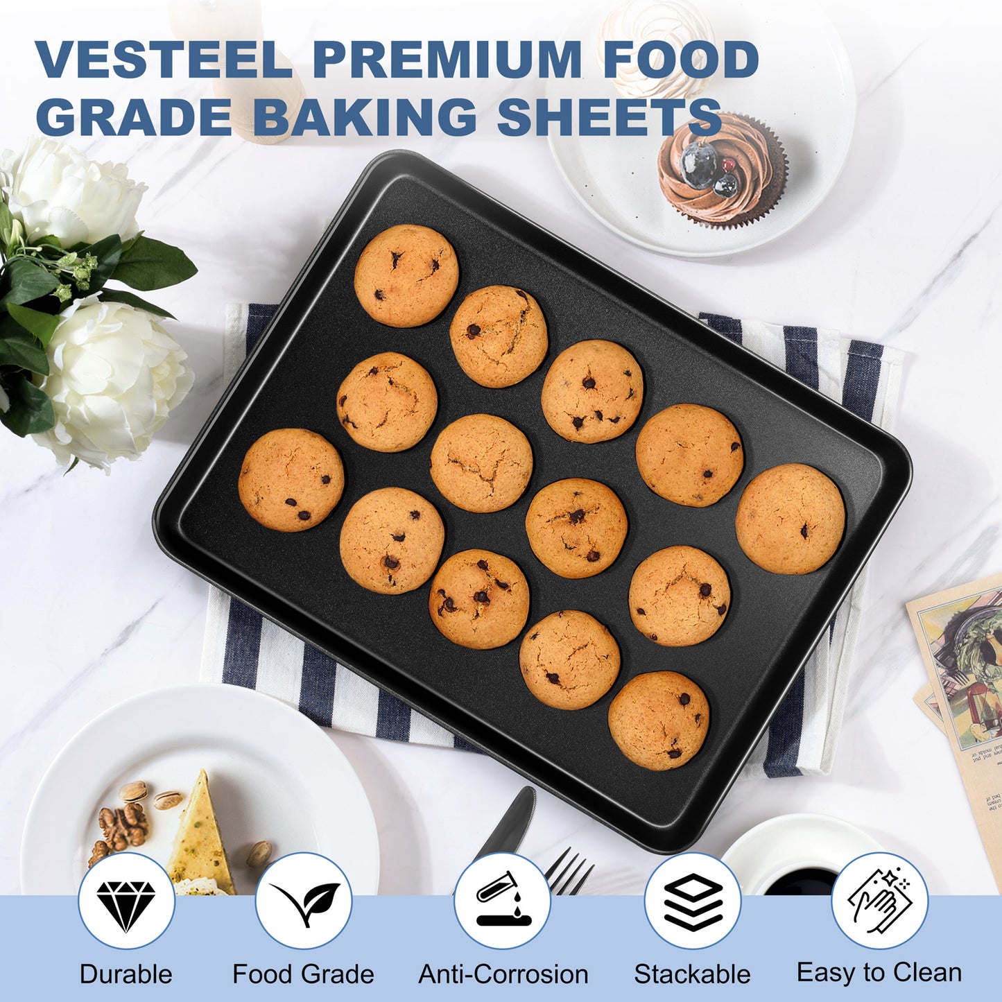 Vesteel Nonstick Baking Sheet Set of 4, Stainless Steel Baking Pan Tray Cookie Sheet, Half Sheet Bakeware Toaster Oven Pans for Baking