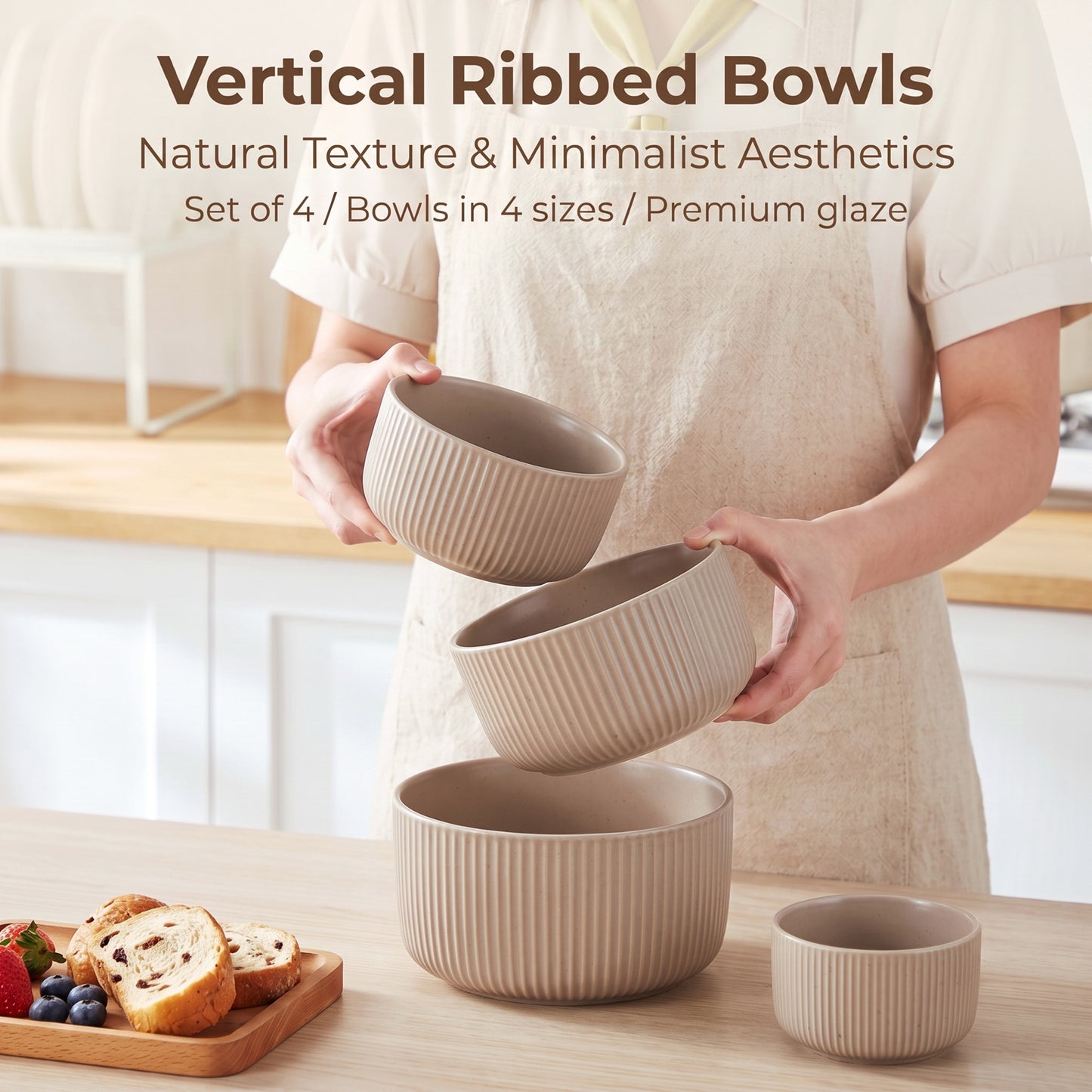 Onader 8-Piece Ceramic Bowls with Lid, Mixing Bowls Set of 4 for Kitchen Meal Prep Food Storage Leftover, Stoneware Serving Bowl for Cooking Baking, Cappuccino Brown