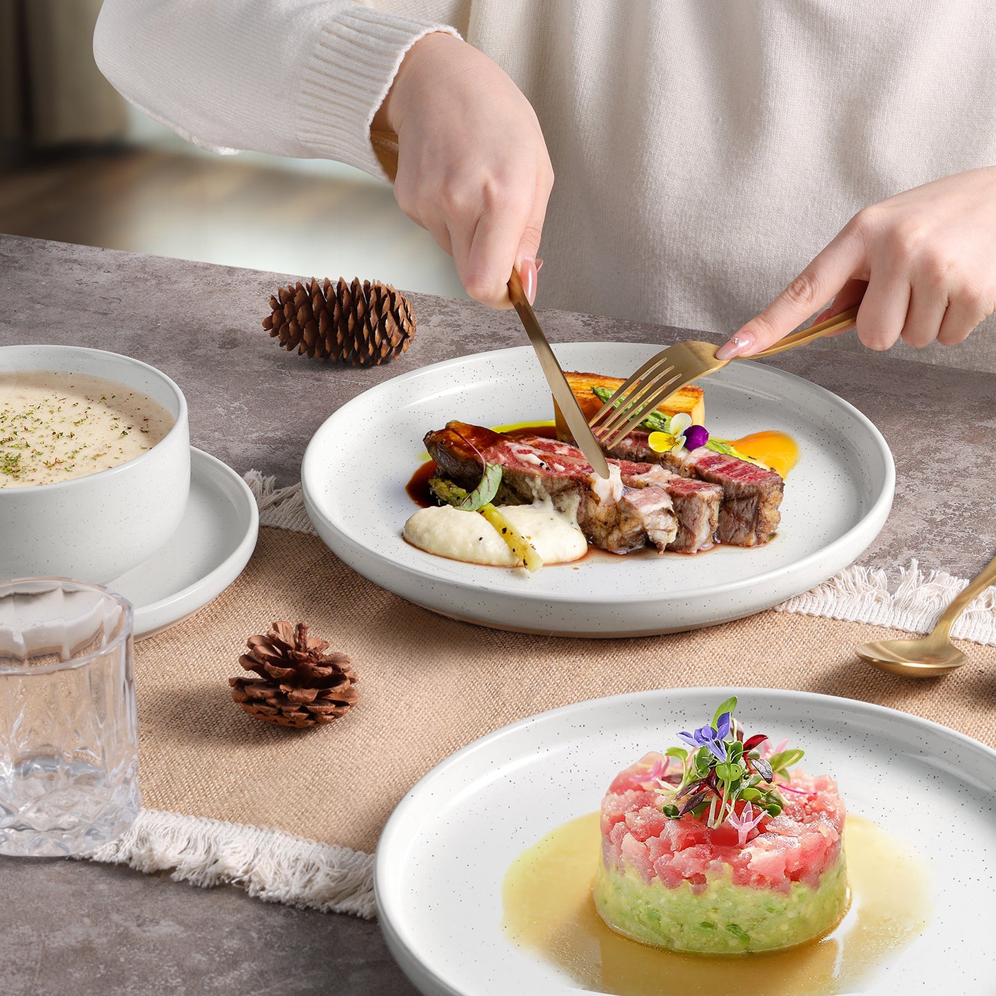 Vesteel 18-Piece Dinnerware set, Ceramic Plates and Bowls set for 6, Speckled Stoneware Dishes Set for Family, Microwave & Dishwasher Safe - Speckled White