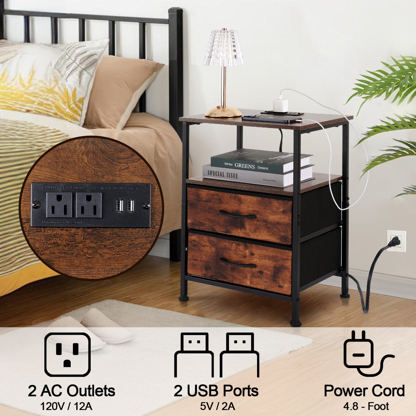 Vesteel Night Stand With Charging Station, Bed Side Table with 2 Fabric Drawers & 2-Tier Shelves, End Table with Sturdy Steel Frame for Bedroom Office Hallway Living Room - Rustic Brown