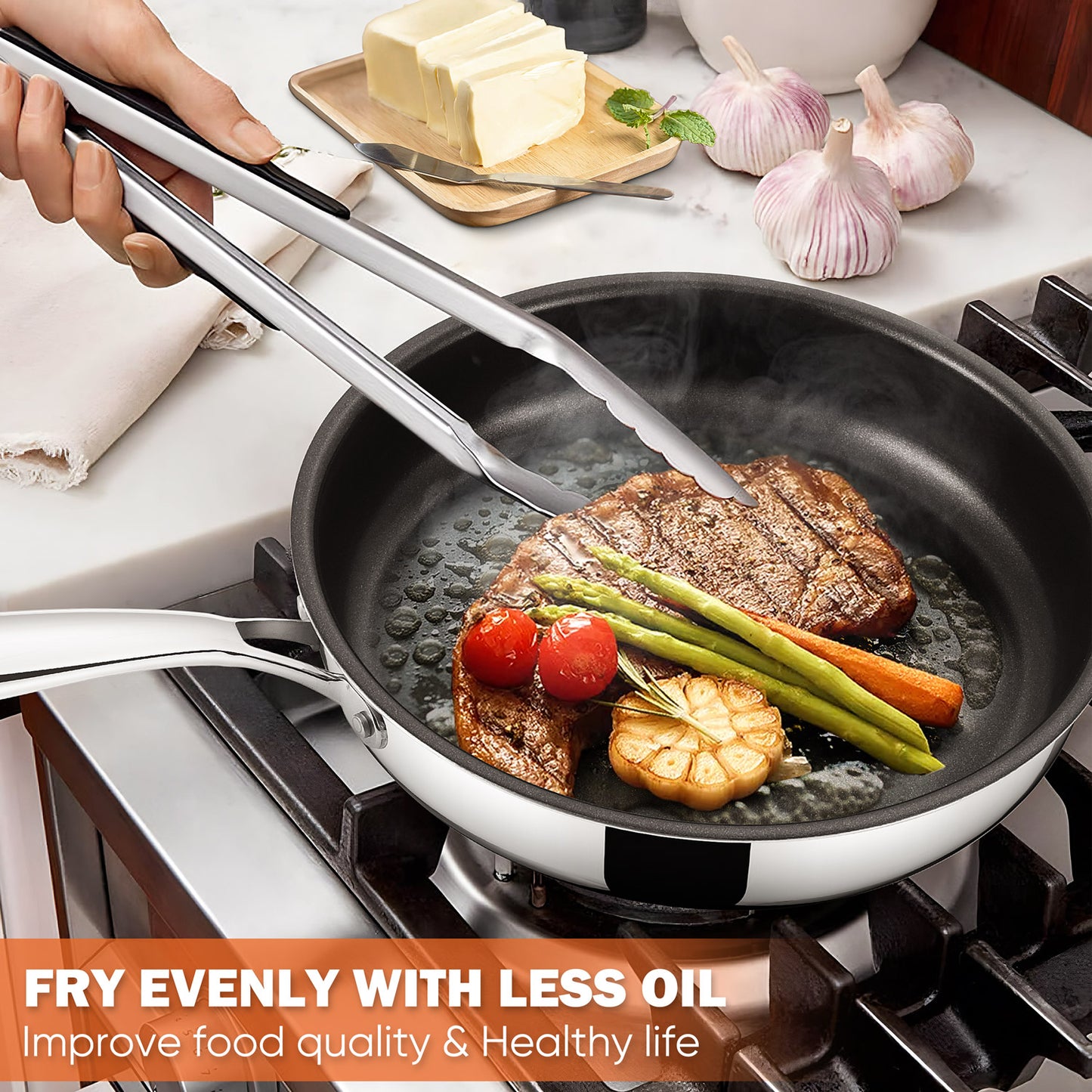 Vesteel 10” Nonstick Frying Pan, Tri-ply Stainless Steel for Kitchen Cooking Steaks Eggs, Skillet Suitable for Various Stovetops, Gas Electric Oven or Induction Safe, Dishwasher Safe