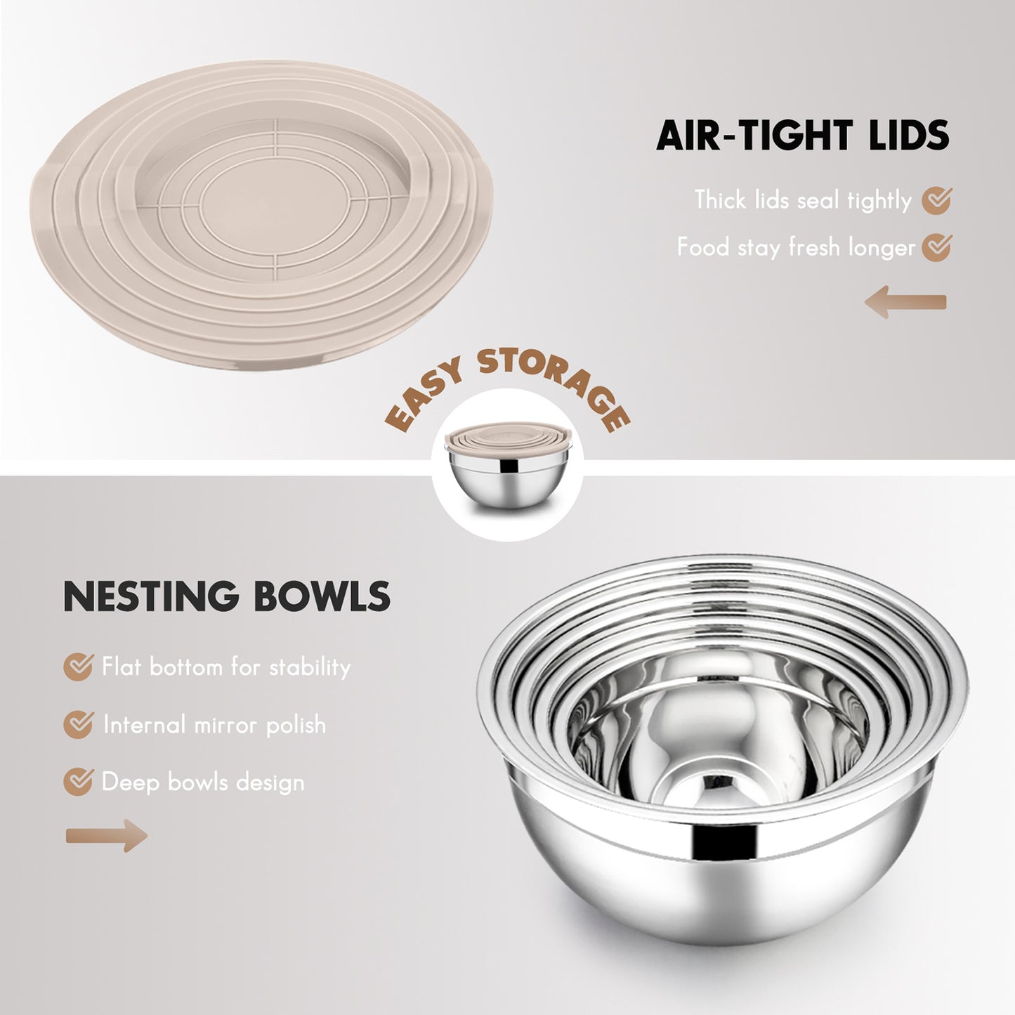 Mixing Bowls with Lids Set of 5, Vesteel Stainless Steel Mixing Bowls Metal Nesting Salad Bowls, Size 4.5, 3, 1.5, 1, 0.7 QT Great for Cooking, Baking, Serving - Khaki