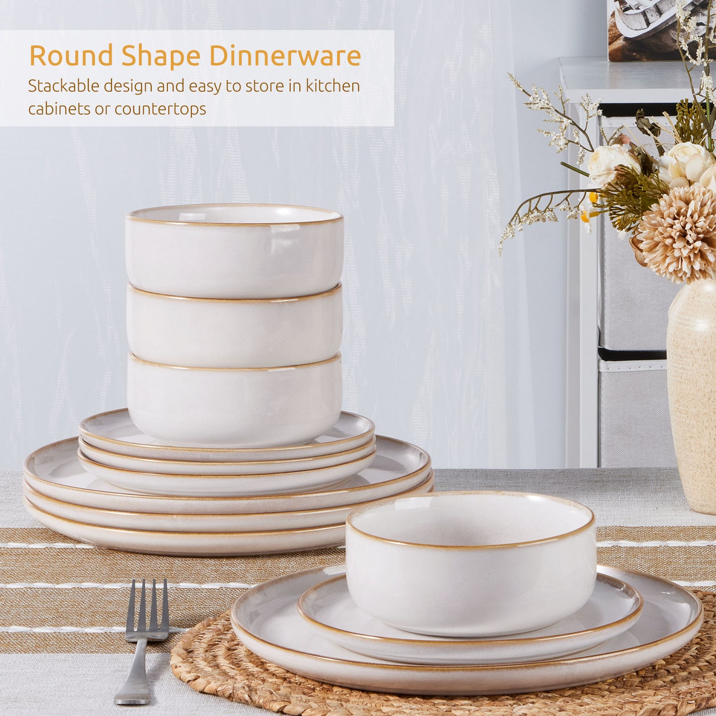 Onader 12 Piece Dinnerware Sets, Plates and Bowls Set for 4, Handmade Stoneware Dishes Sets for Home Restaurant, Dishwasher & Microwave Safe - Seashell White