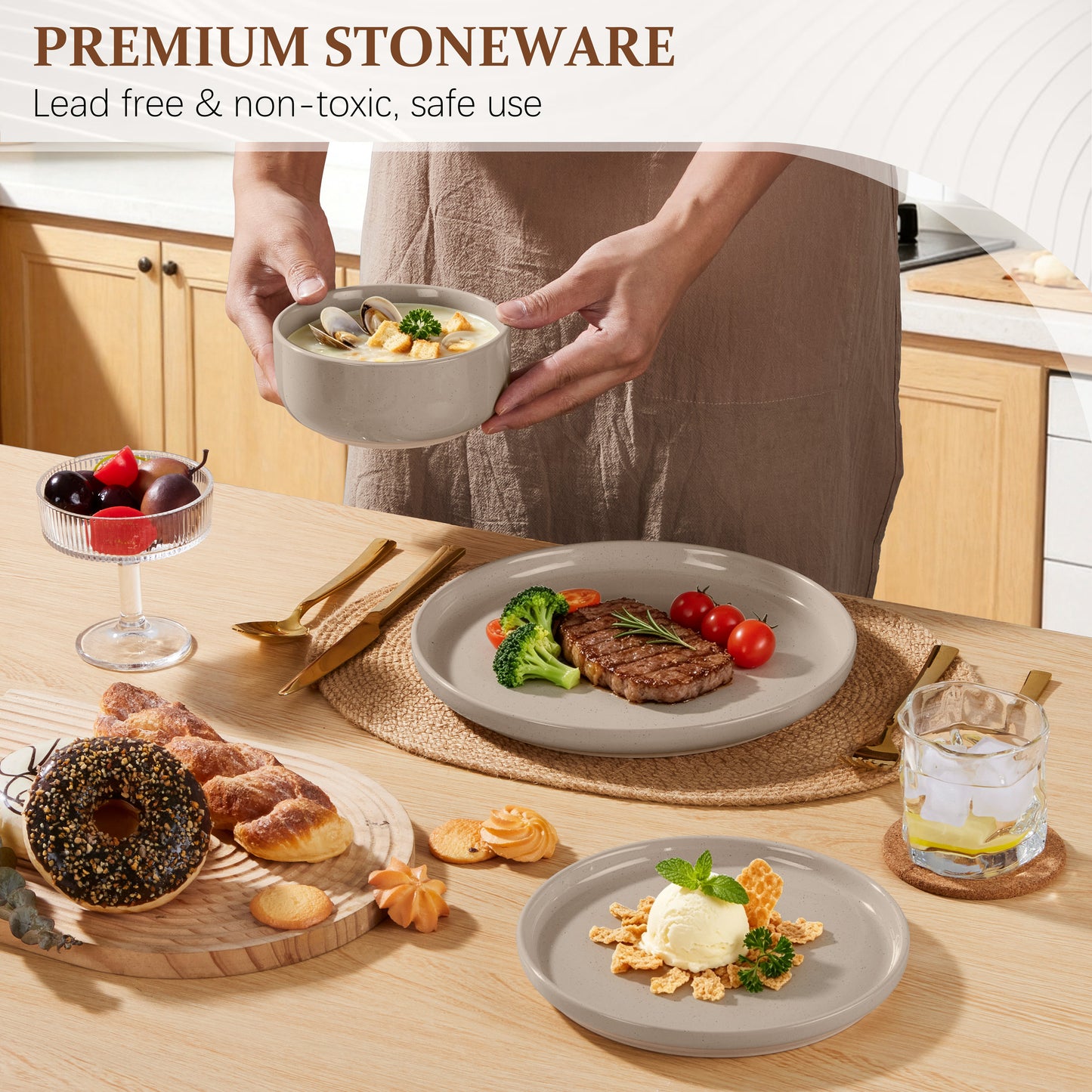 Vesteel Stoneware Dinnerware Sets for 2, 6 Pieces Ceramic Plates and Bowls Sets, Elegant Dishes with Rustic Terracotta Base, Dishwasher & Microwave Safe, Scratch Resistant, Cappuccino Brown