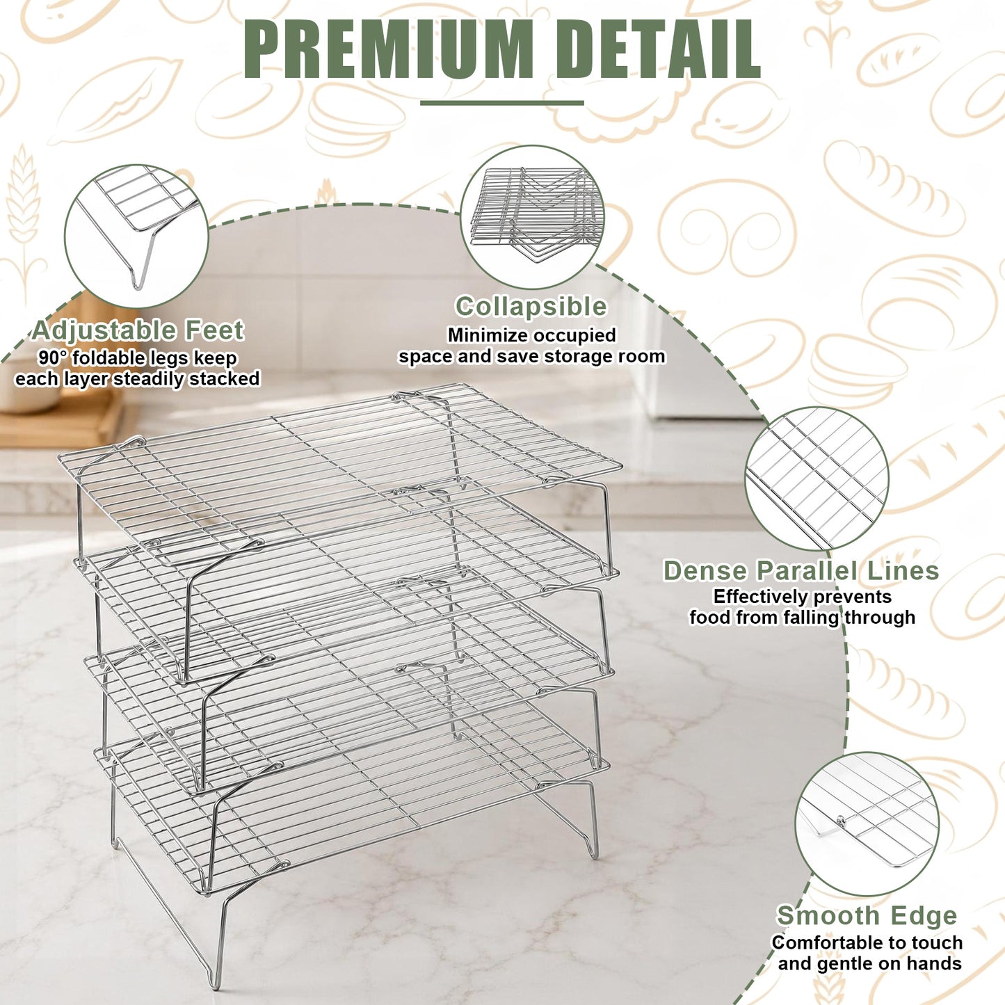 Vesteel 4-Tier Stainless Steel Cooling Racks, Stackable Baking Cooking Racks for Bread Cookie Cakes, Wire Racks with Folding Legs, Oven & Dishwasher Safe, 16.5’’ x 11.4’’