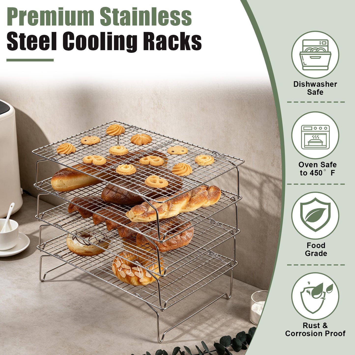 Vesteel 4-Tier Cooling Racks, Stainless Steel Stackable Grid Baking Racks, Collapsible Wire Racks for Cooking Grilling Roasting, Oven & Dishwasher Safe, 15’’ x 10’’