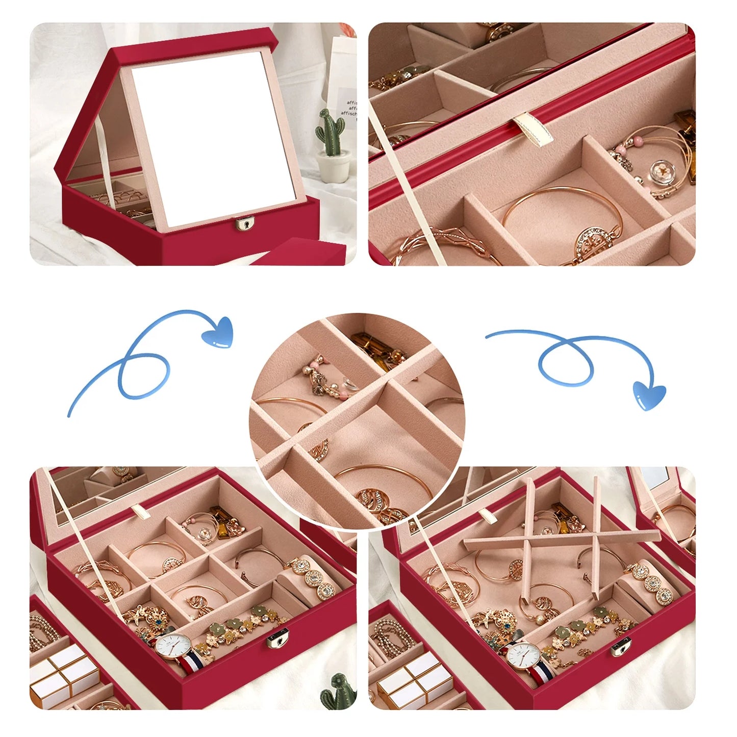 Vesteel Jewelry Box, 2-Layer Jewelry Storage Organizer with Built-in Mirror, Lockable Jewelry Case for Women Girl - Red