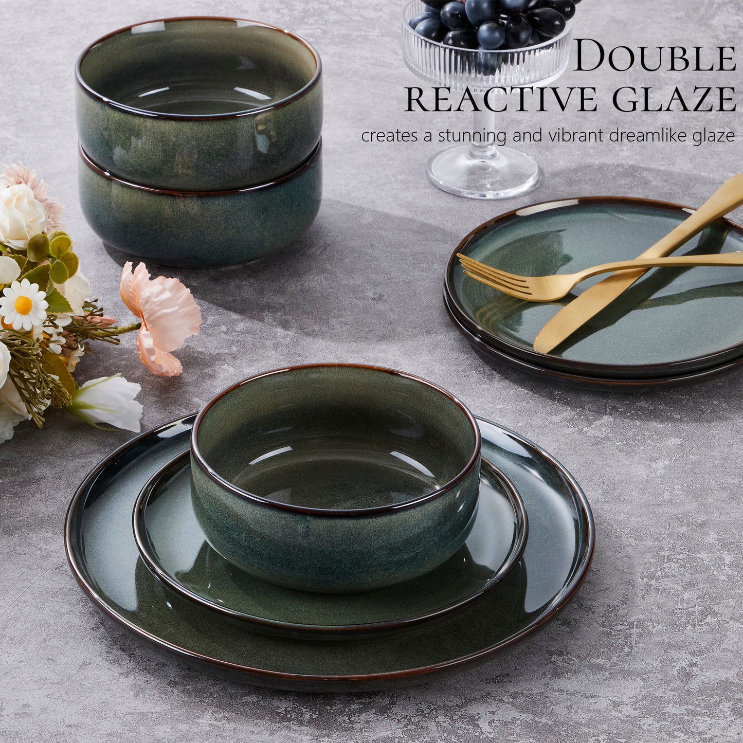 Vesteel Dinnerware Sets for 4, 12-Piece Stoneware Dish and Bowls Set, Handmade Reactive Glaze Coupe Plates Set for Family, Chip & Scratch Resistant - Sage Green