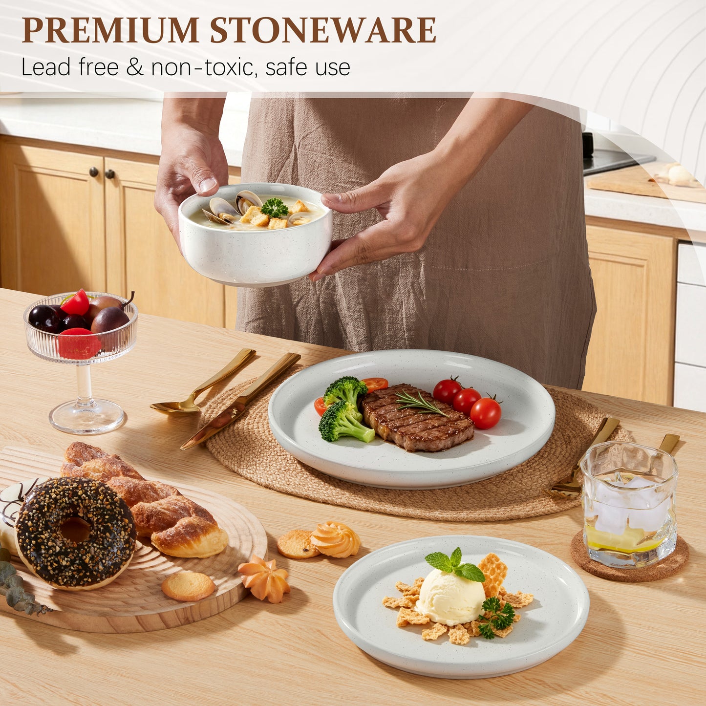 Vesteel Stoneware Dinnerware Sets for 2, 6 Pieces Ceramic Plates and Bowls Sets, Elegant Dishes with Rustic Terracotta Base, Dishwasher & Microwave Safe, Scratch Resistant, Speckled White