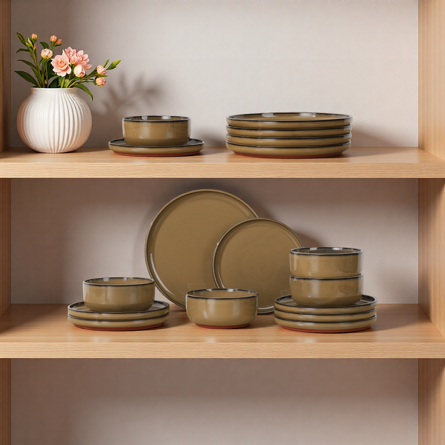 Onader Dinnerware Sets for 4, 12 Pieces Reactive Glaze Plates and Bowls Sets, Elegant Dishes with Rustic Terracotta Base - Khaki